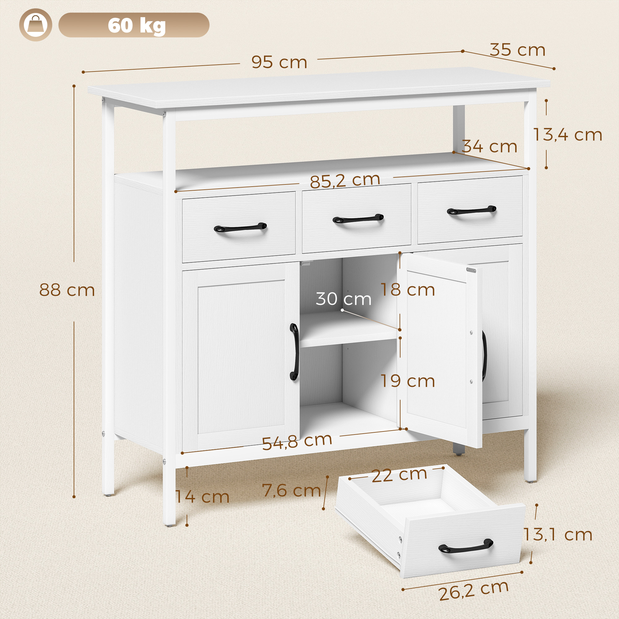 Sideboard mit verstellbaren Einlegeböden, Buffet-Schrank mit 3 Schubladen, 3 Türen , 95 cm, Weiß