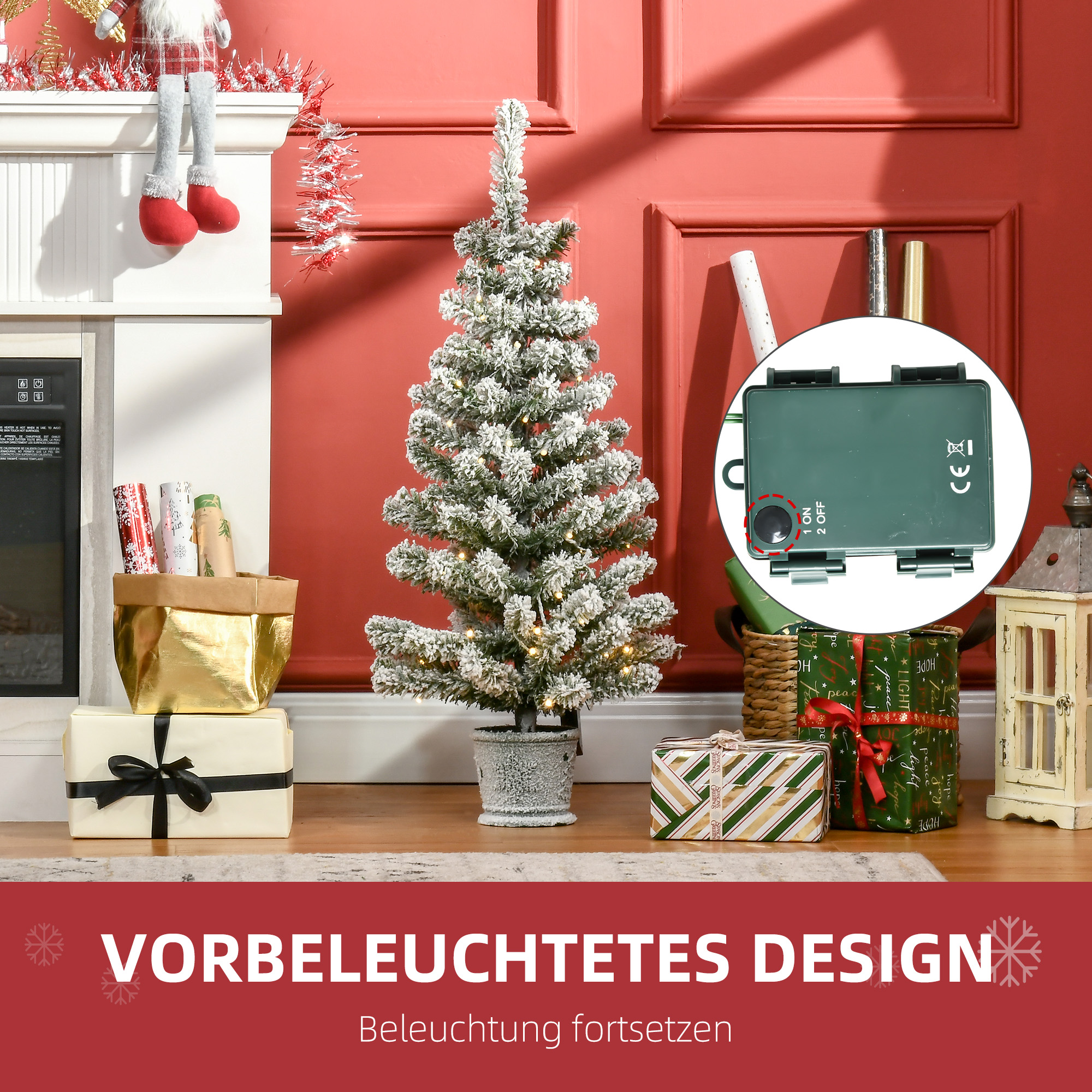 Mini-Weihnachtsbaum Ø40x90 cm, Kunstschnee, 60 LEDs, feuerfest, Kunststoff, Grün/Weiß