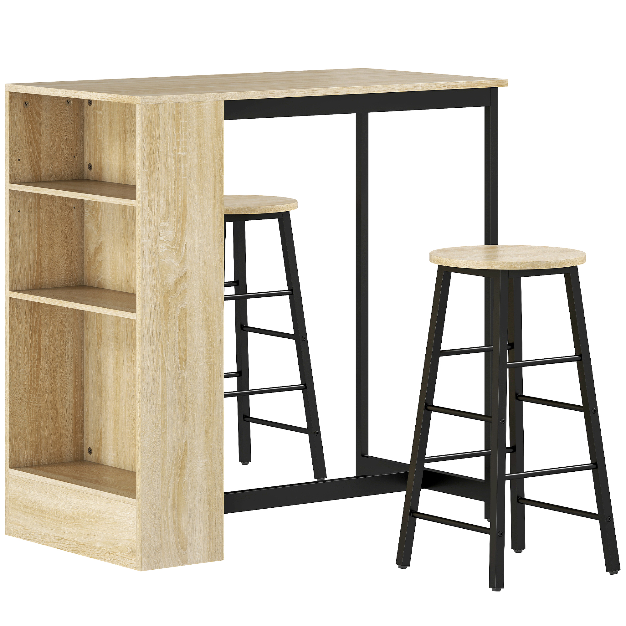 3-teiliges Bartisch-Set, 1 Tresen, 2 Stühle, mit Stauraum und Fußstützen, platzsparend, Hellbraun+Schwarz 3-teiliges Bartisch-Set, 1 Tresen, 2 Stühle, mit Stauraum und Fußstützen, platzsparend, Hellbraun+Schwarz