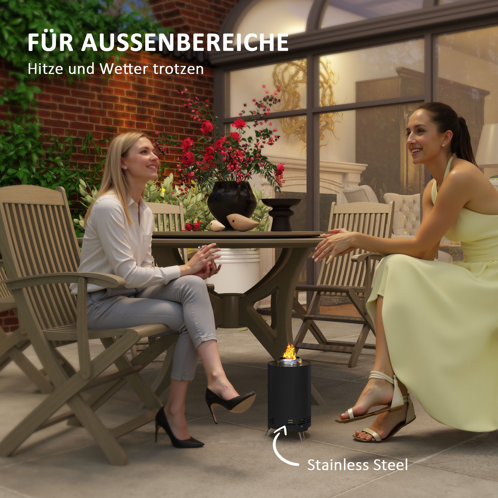 Feuerschale Ø16x25cm aus Edelstahl Feuerstelle mit Schürhaken Rauchfreie Feuerschalen Schwarz