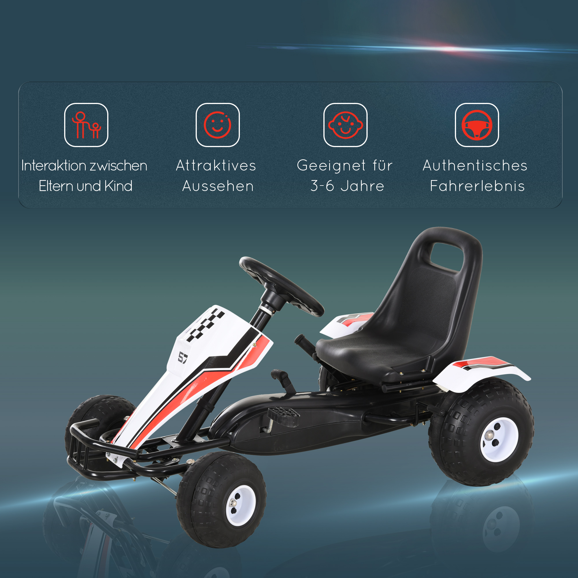 Gokart, Tretauto mit verstellbarem Sitz, Bremse, Pedalantrieb, Tretfahrzeug mit Vor- und Rückwärtsgang, Kinderfahrzeug bis 35 kg belastbar, für Kinder 3-6 Jahre Weiß