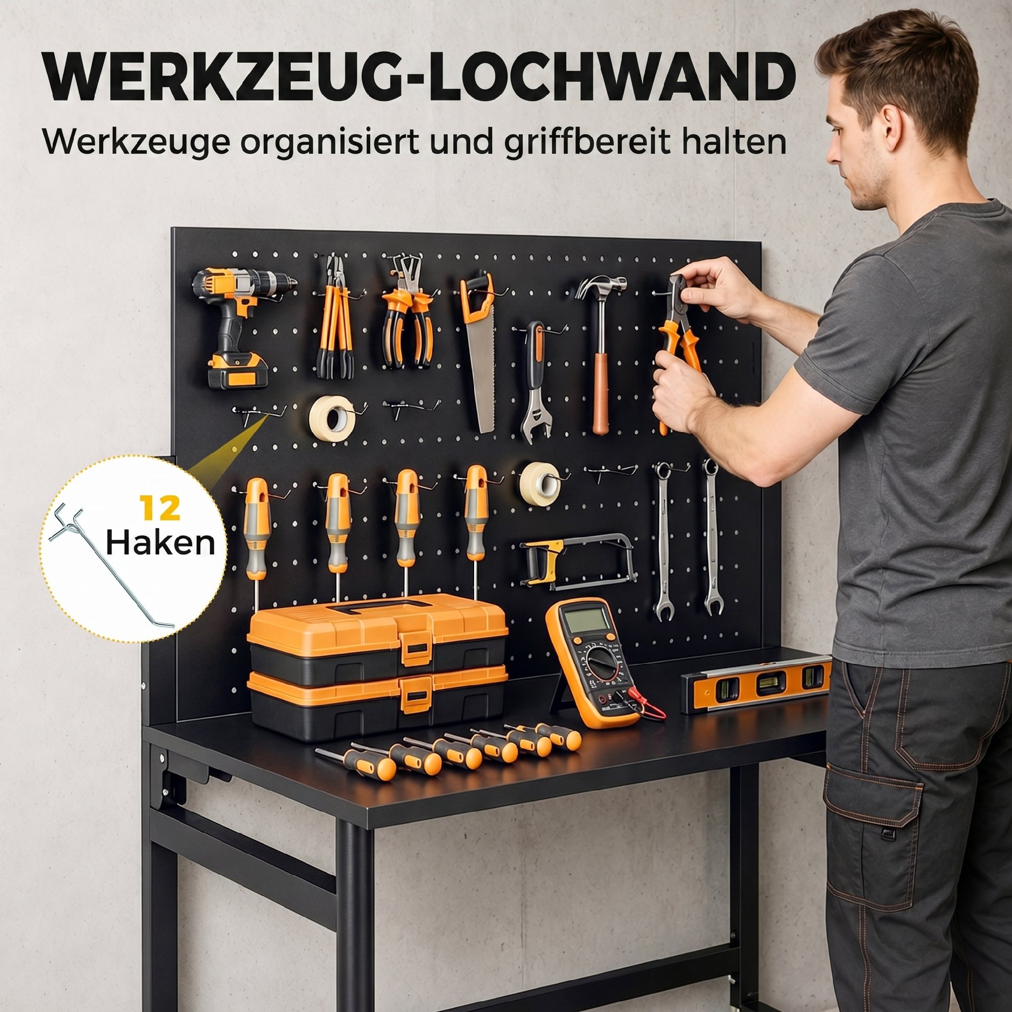 Werkbank mit Lochwand, Klappbare Mobile Werkbank mit Rollen, Dicke Arbeitsplatte, Stahlrahmen, Haken, Schwarz
