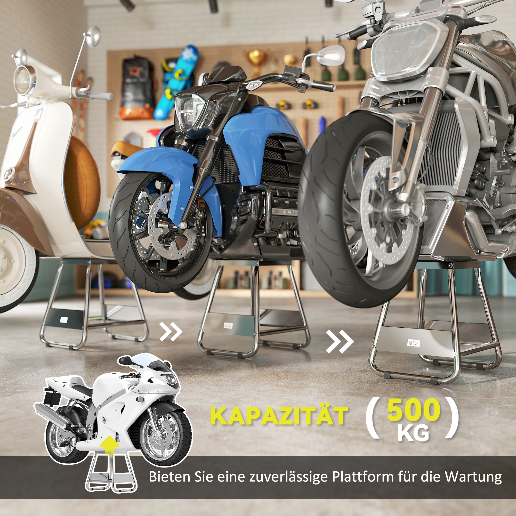 Motorrad Ständer, universal Motorrad Halterung bis 500kg belastbar, Motorradständer Stahl Grau
