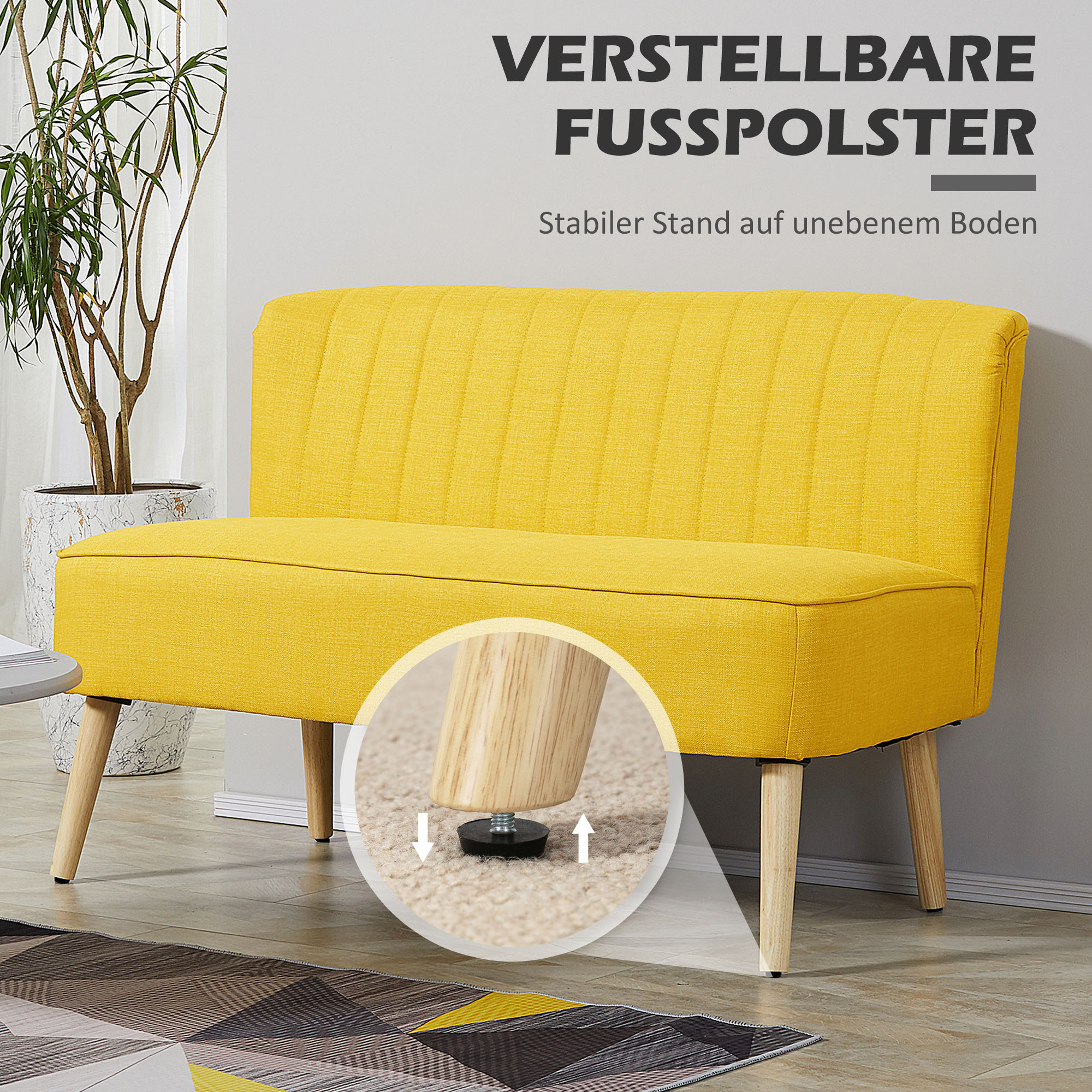 2-Sitzer Sofa, weiche Polsterung, pflegeleichter Bezug, bis 150 kg, 117 x 56,5 x 77 cm, Gelb