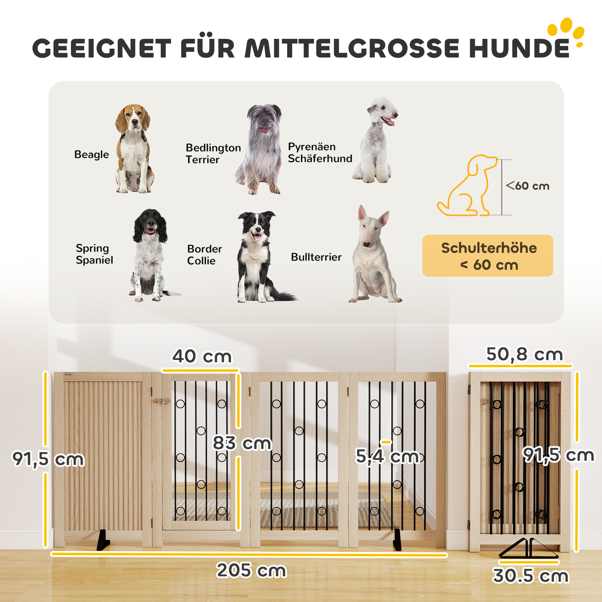 Freistehendes Haustiertor, Hundegitter mit Tür, 4 Paneele, für Flur, Treppe, Türrahmen, MDF, Stahl
