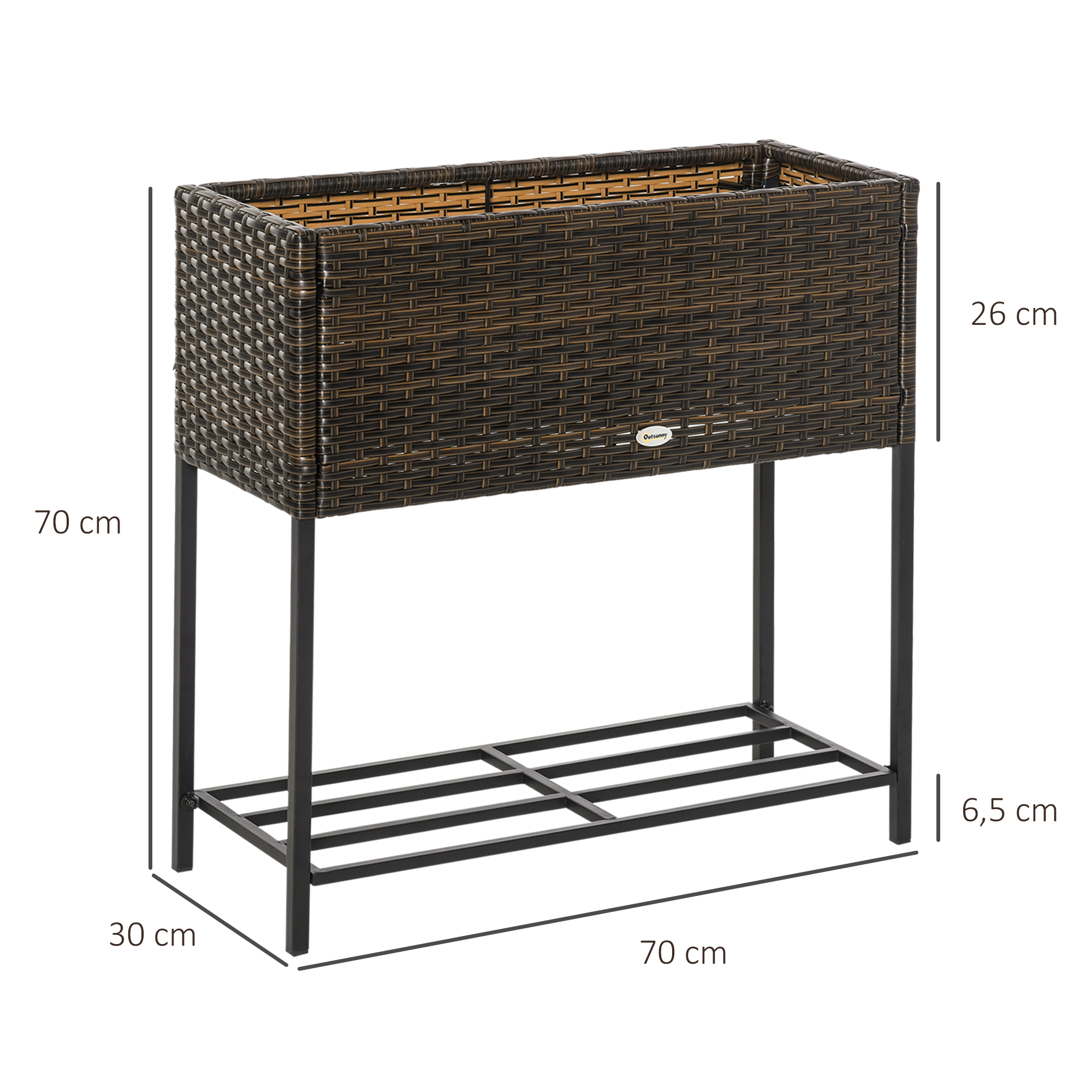 Hochbeet, Blumenkasten, tiefe Ablage, Metallrahmen/Polyrattan, 70 x 30 x 70 cm, Braun/Schwarz