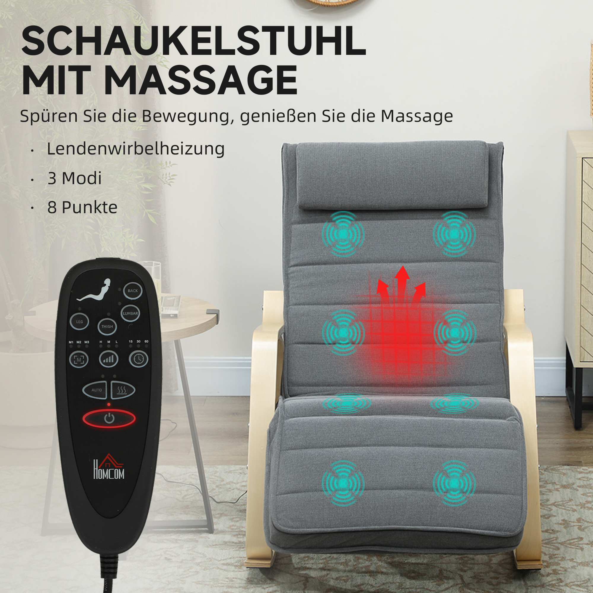 Schaukelstuhl mit Massage-Funktion, Lendenheizung, 3 Modi, Stoffbezug, Grau