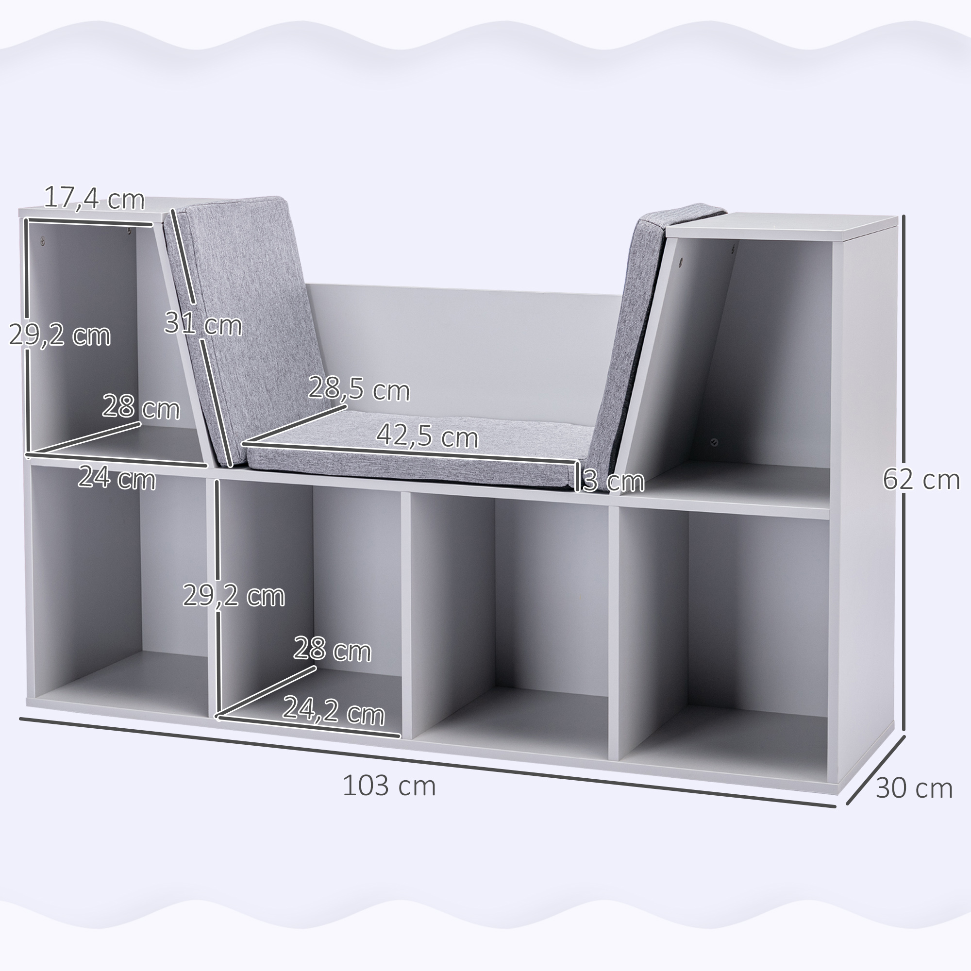 2-in-1 Kinderregal Regal + Sitzbank inkl. Polster 103 cm × 30 cm × 62 cm Weiß + Grau