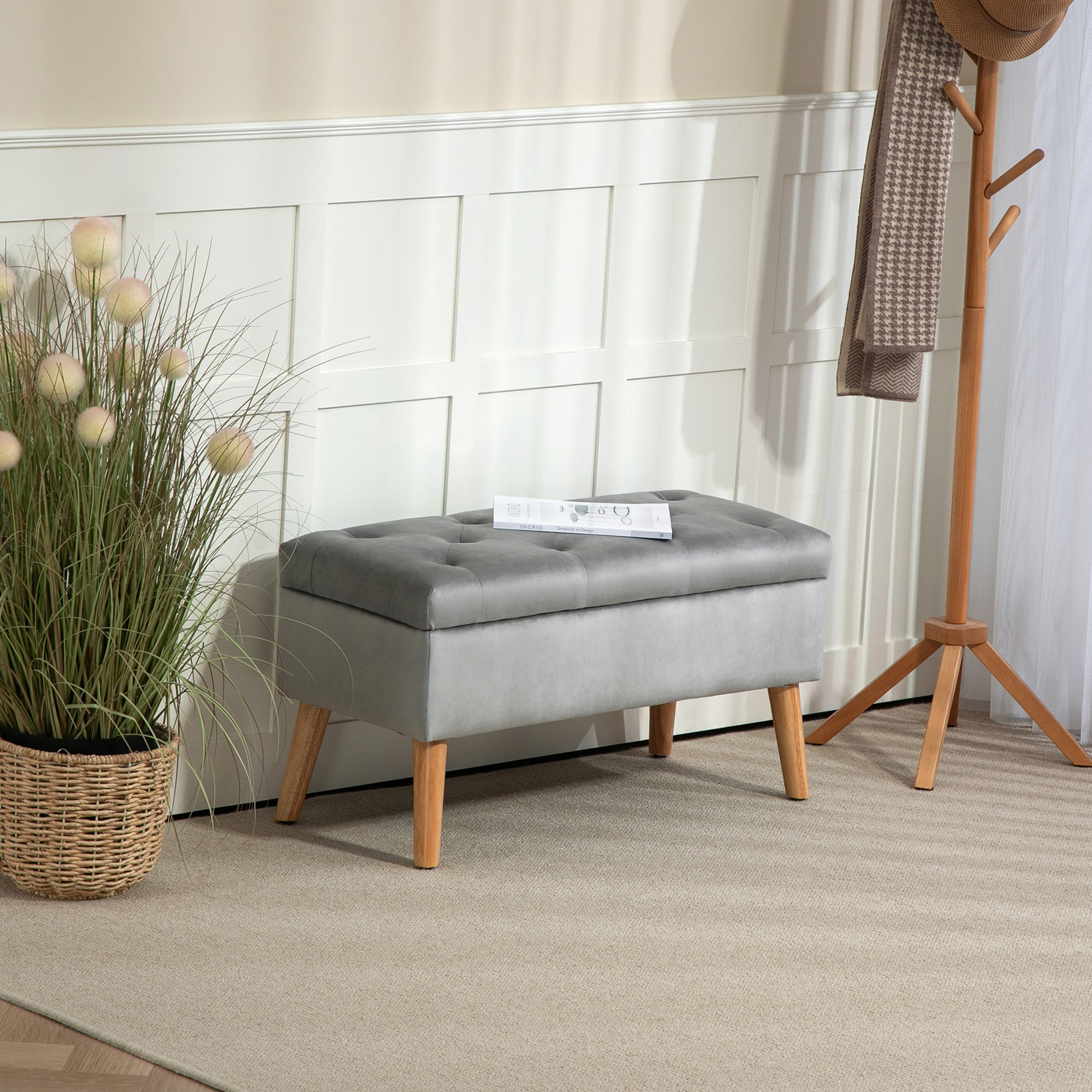 Polsterbank mit Stauraum, Stoffbezug in Samtoptik, Holzbeine, für Wohnzimmer, Schlafzimmer, Flur, 80 x 35 x 42 cm, Grau