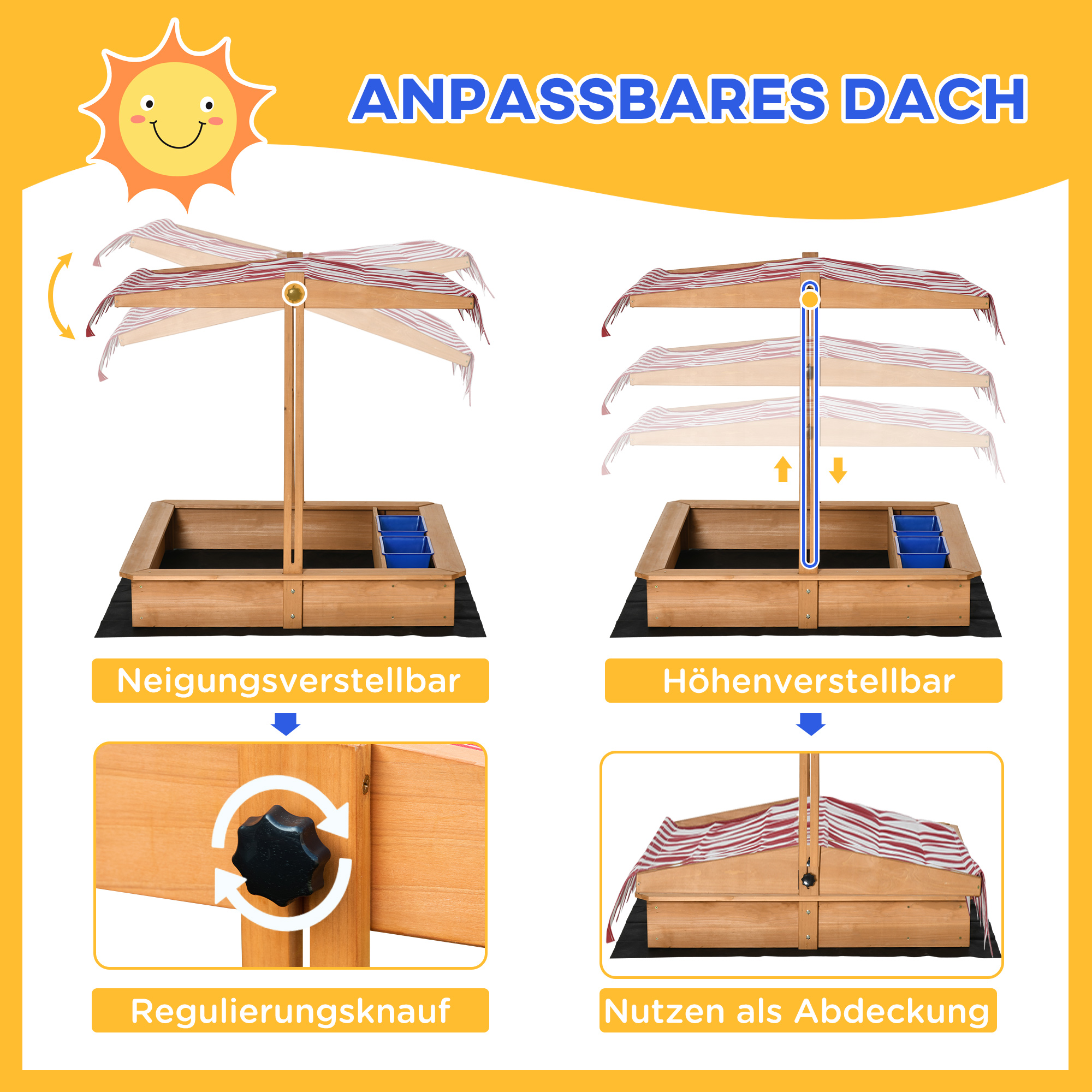 Sandkasten 107,5 x 107,5 cm Kinder Sandbox mit höhenverstellbar Abdeckung, Sandkiste aus Holz für Kinder 3-7 Jahre für Outdoor Garten Terrasse Balkon