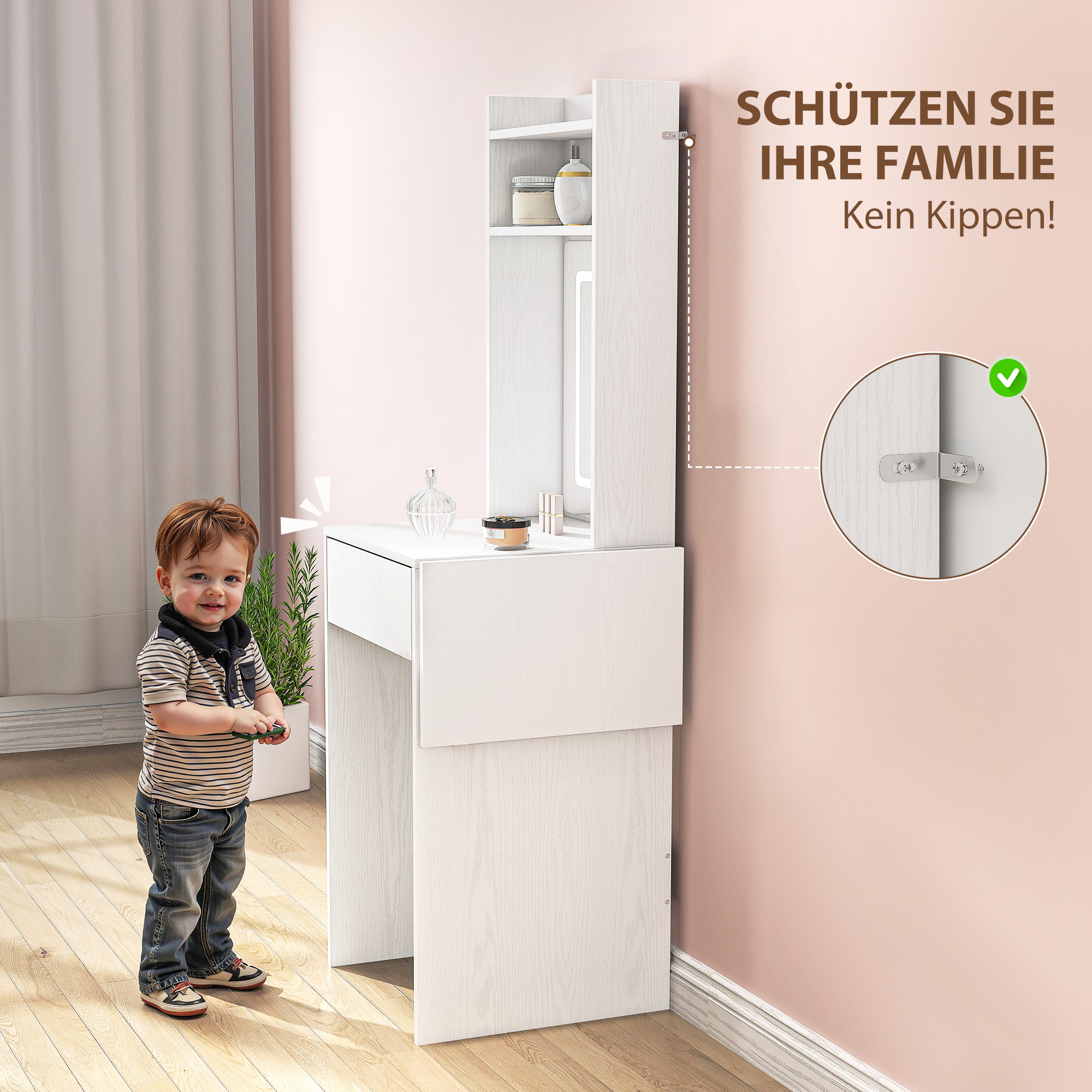 Kompakter Schminktisch mit Spiegel und LED-Beleuchtung, klappbare Tischplatte, offenere Regale, Schublade, MDF, Weiß