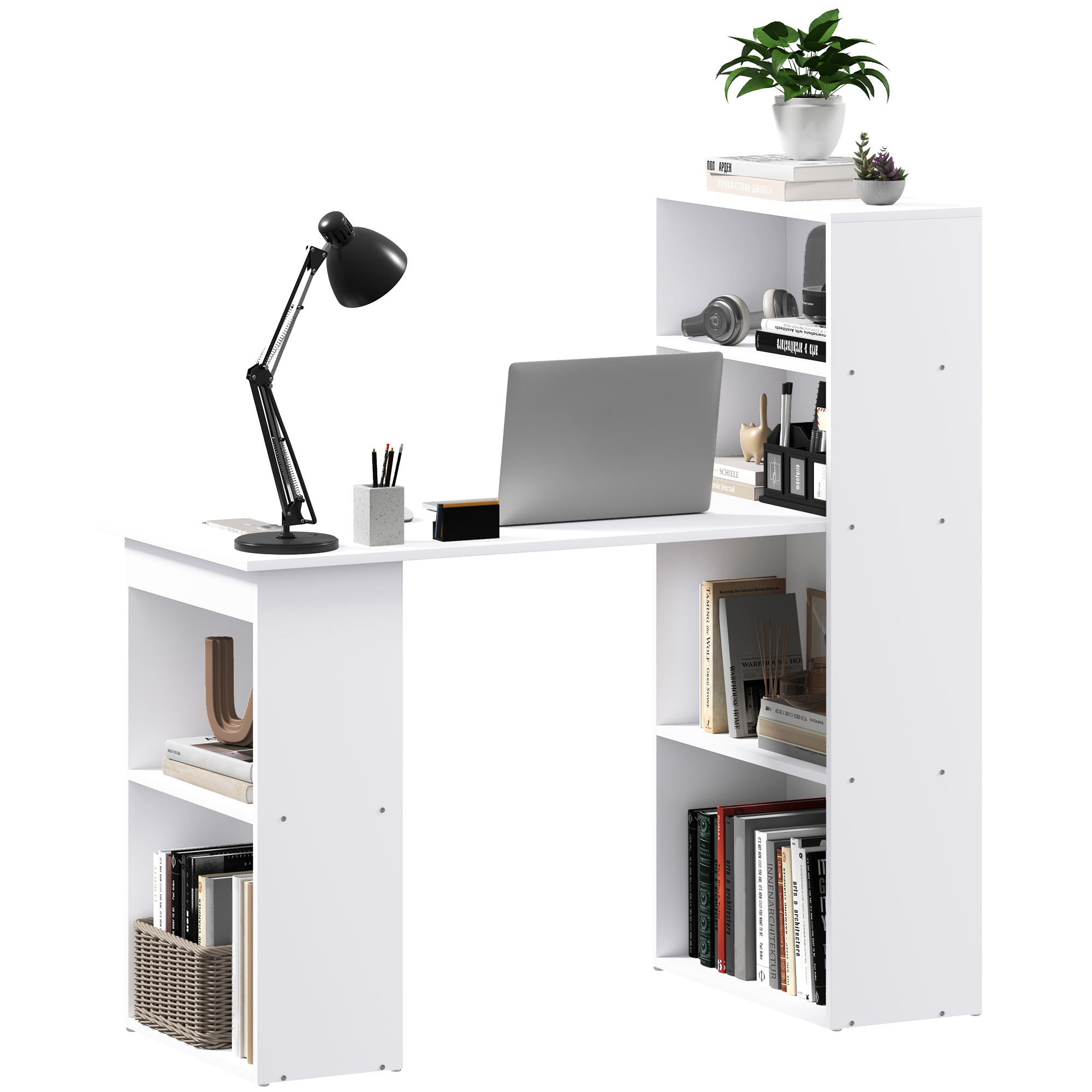 Schreibtisch Bürotisch Computertisch, 2 Regale, 5 Regalböden, 120 cm x 55 cm x 120 cm, Weiß Schreibtisch Bürotisch Computertisch, 2 Regale, 5 Regalböden, 120 cm x 55 cm x 120 cm, Weiß