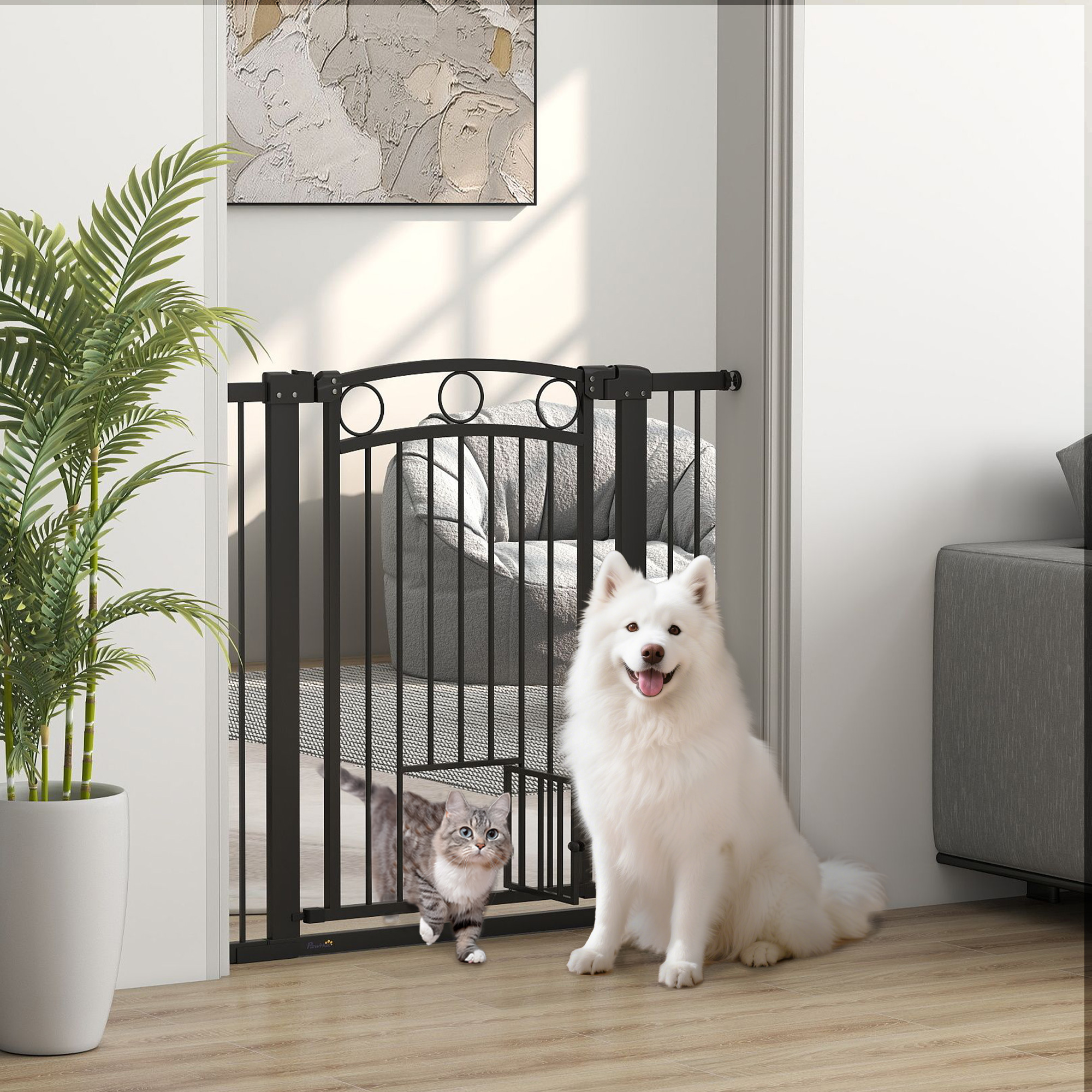 Haustiertor, 96 cm Treppengatter, verstellbare Breite 76-104 cm, mit Katzentür, für Treppen und Türöffnungen, Schwarz