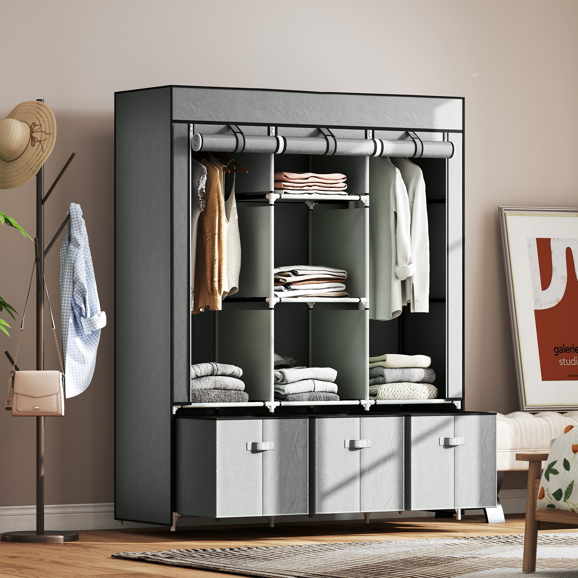 Stoffschrank aus Vlies, Faltschrank, inkl. 3 Schubladen, 125 cm x 43 cm x 162,5 cm, Hellgrau