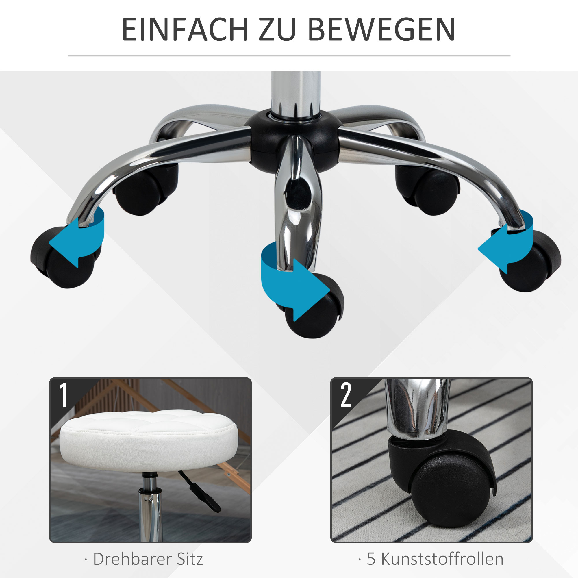 Drehhocker, Salonhocker, höhenverstellbar, Kunstleder, Steppdesign, Ø35,5 x 48-63 cm, Weiß/Silber