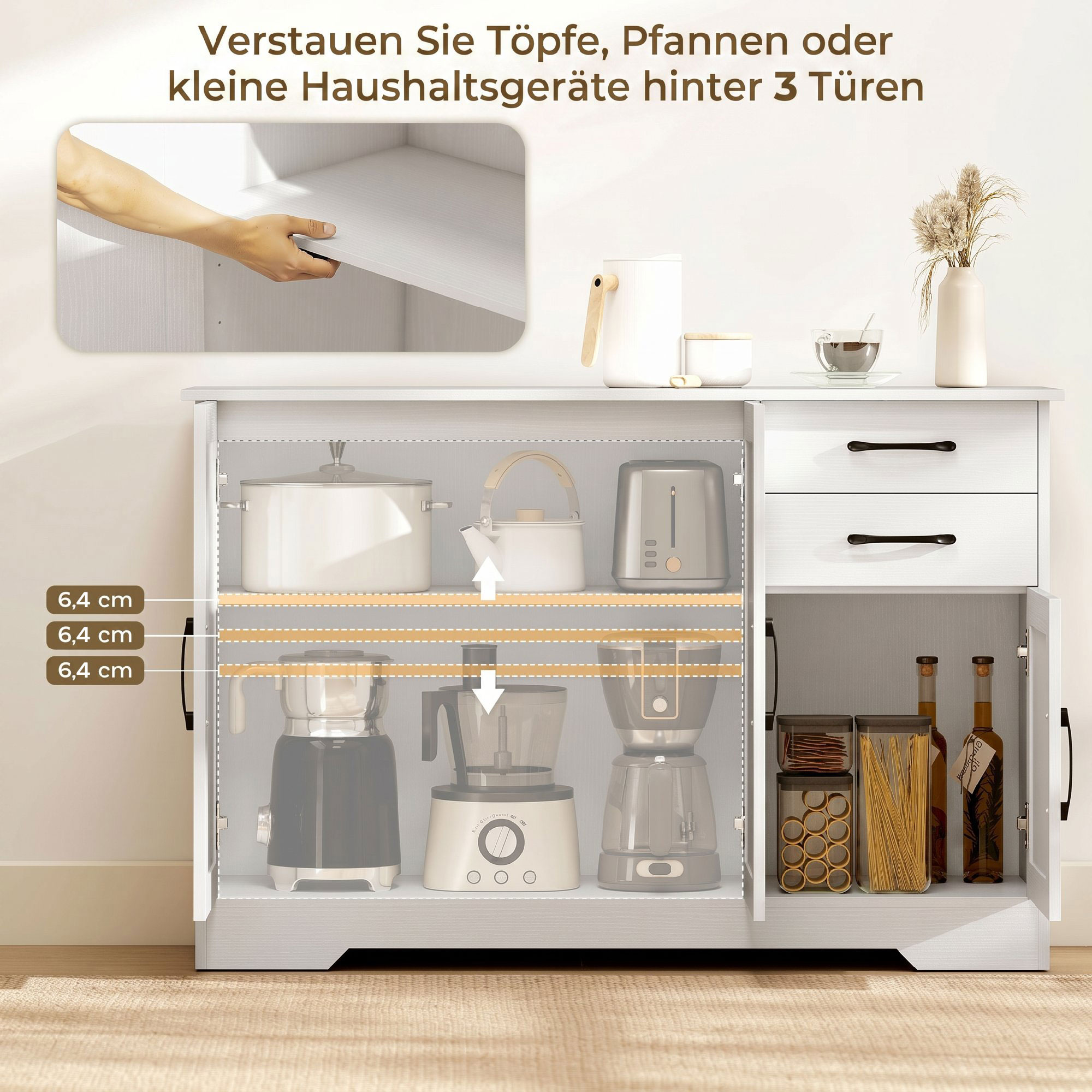 Sideboard mit 2 Schubladen, modernem Aufbewahrungsschrank, verstellbarem Einlegeboden und 3 Türen, Weiß
