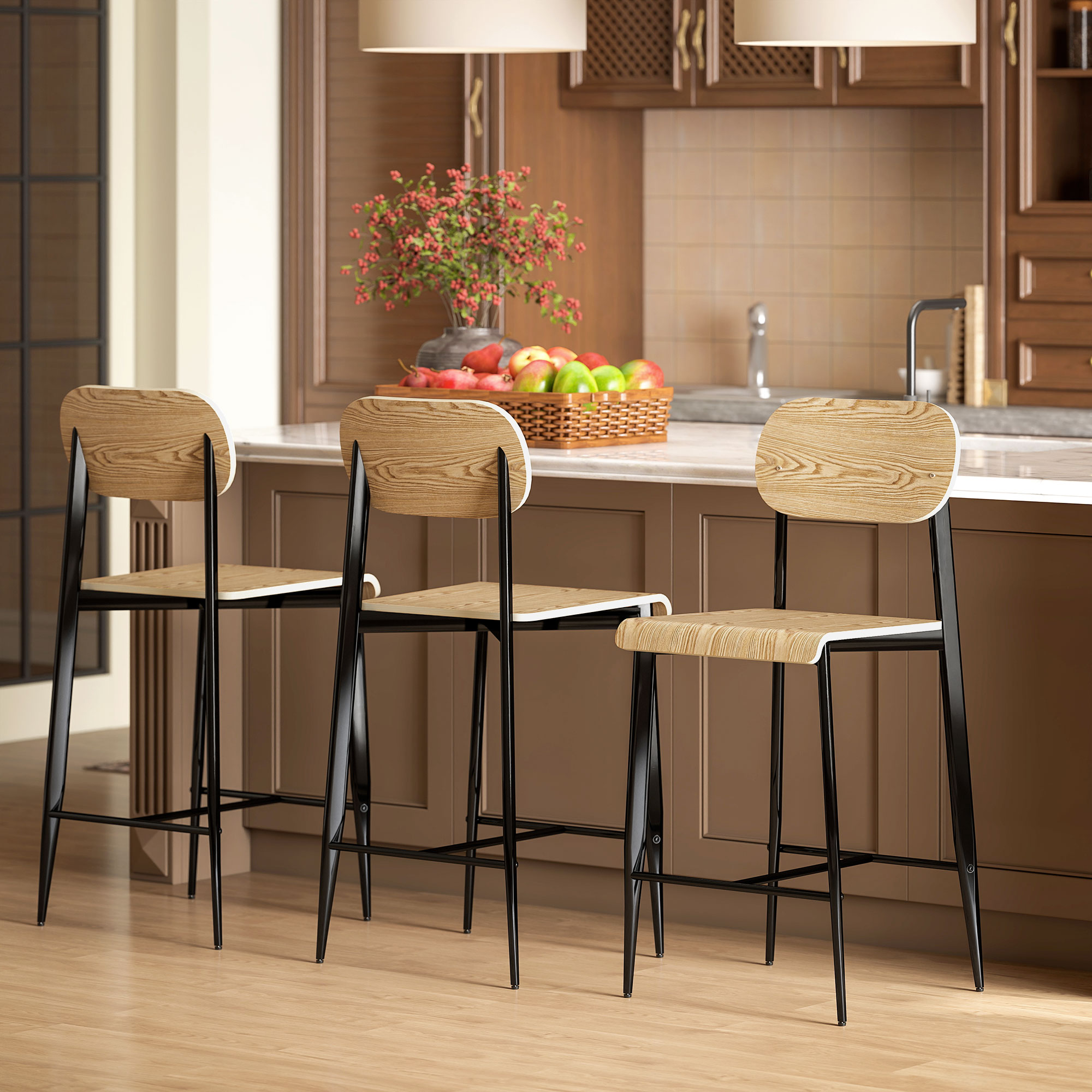 2er-Set Barhocker, Barstühle mit Rückenlehne und Metallgestell, Holz, Hellbraun