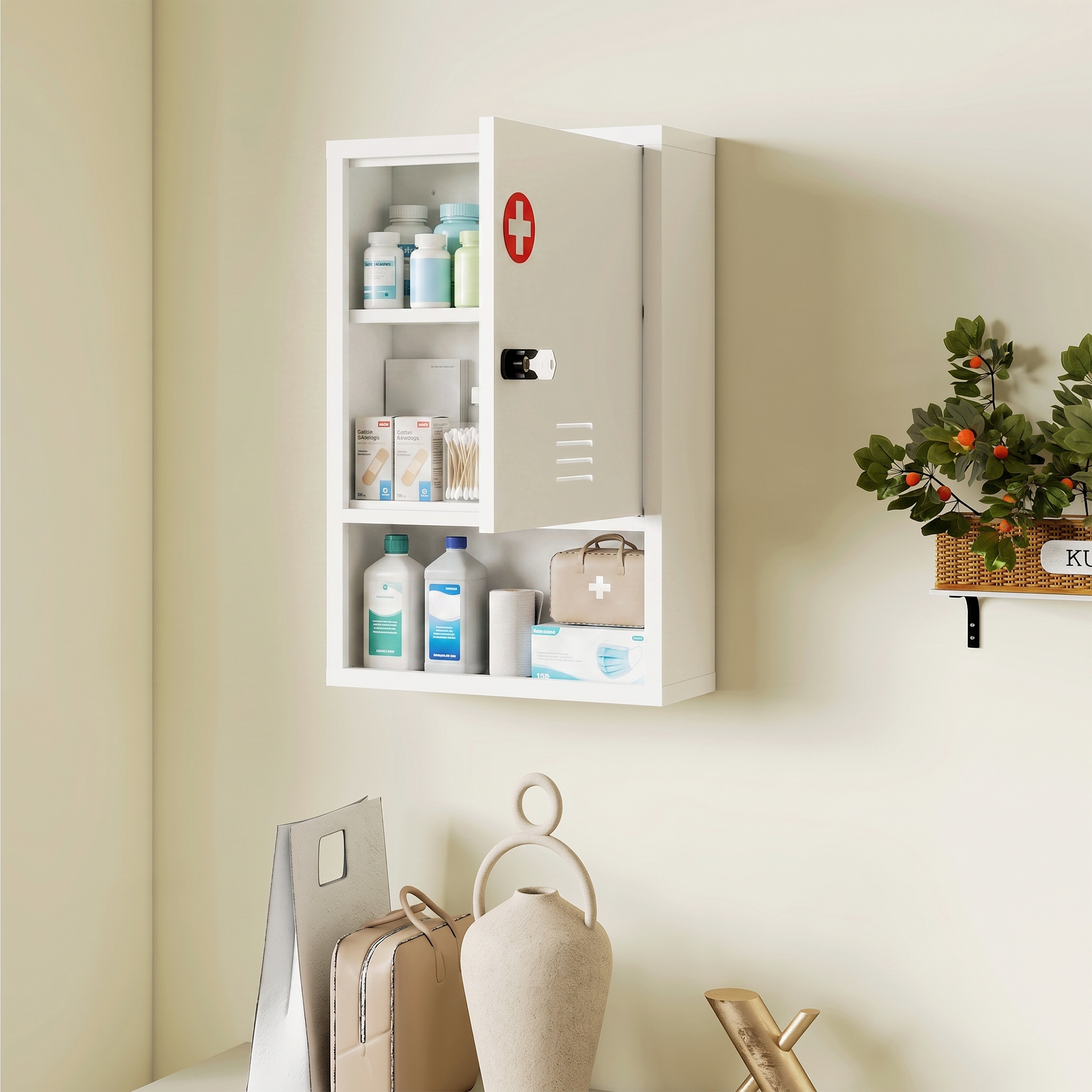 Medizinschrank zur Wandmontage mit Zahlenschloss und Schlüssel, 3-stufig, abschließbar, Weiß