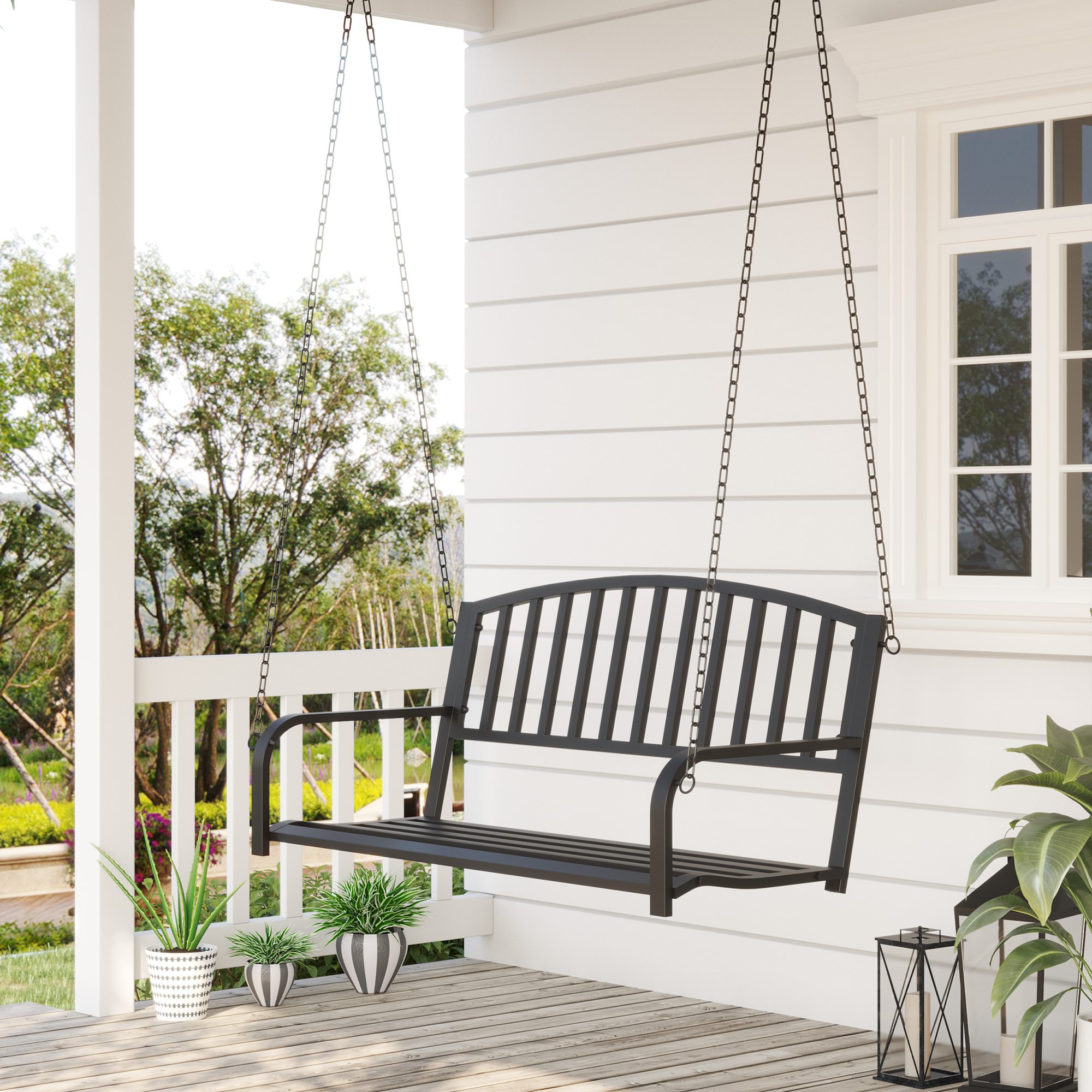 Hängebank 2-Sitzer Gartenschaukel Schaukelbank Hollywoodschaukel Schwebebank mit Ketten Metall Schwarz 127 x 60 x 53 cm