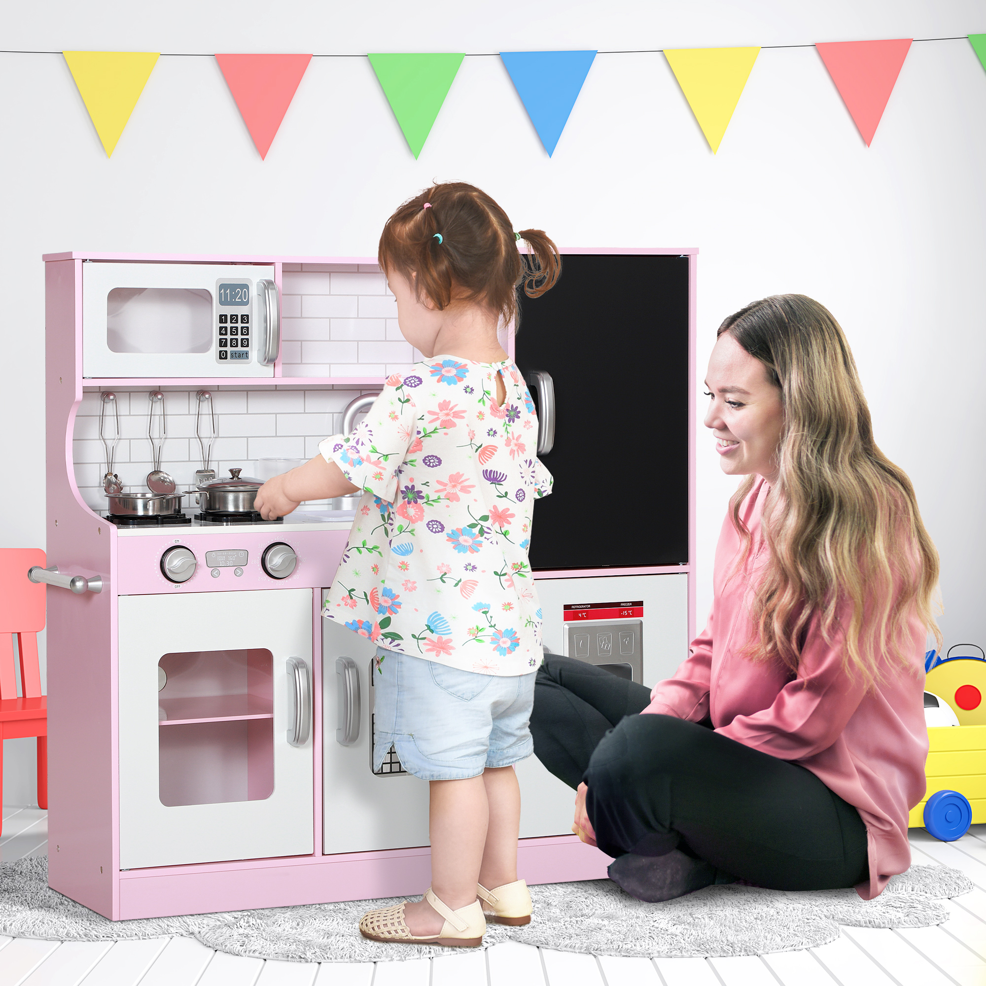 Spielküchen-Set mit Töpfen, Tafel, Telefon, Eismaschine, Herd, 83,8 x 26,8 x 81 cm, Pink