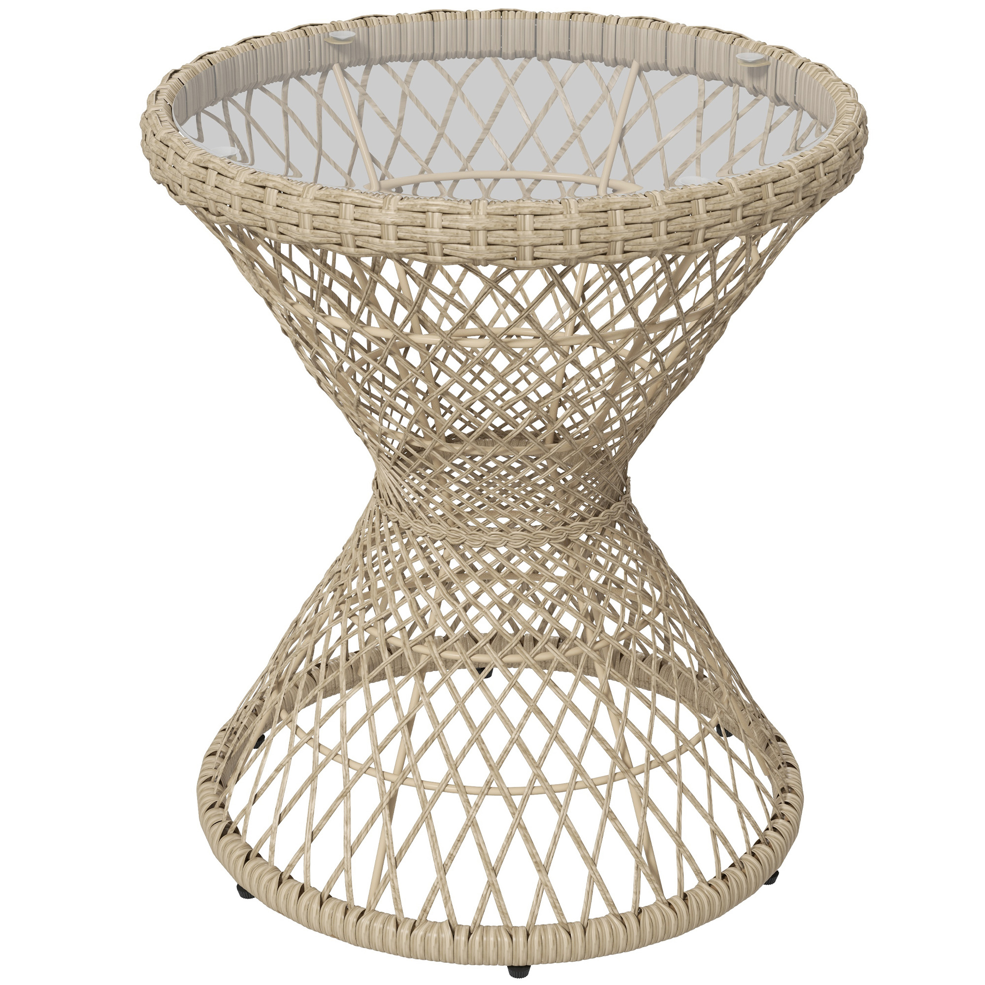 Couchtisch Beistelltisch Boho-Design, Glasplatte, PE-Rattan, 45 cm x 45 cm x 52 cm, Natur
