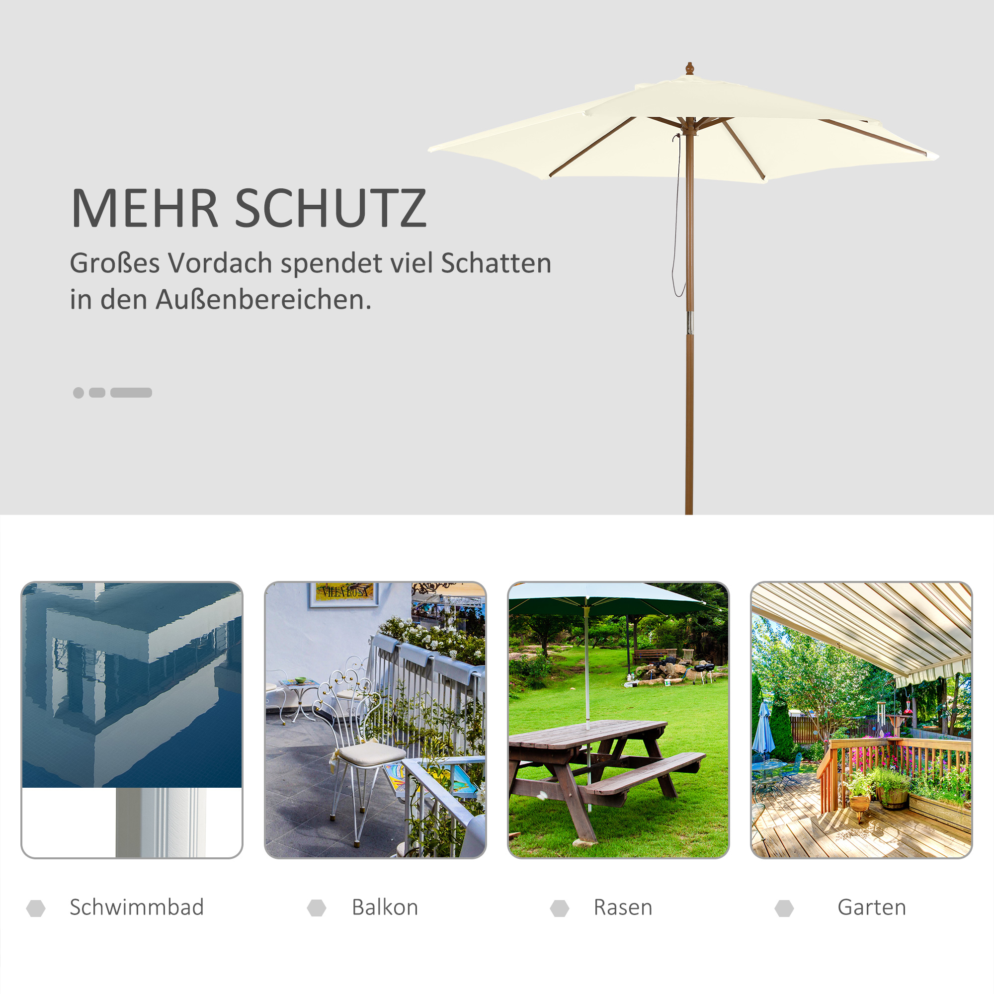 Sonnenschirm Ø 250 cm, Sonnenschirm mit Seilzugmechanismus Balkonschirm Strandschirm aus Bambus windfest Marktschirm Sonnenschutz für Balkon Terrasse Garten, Weiß