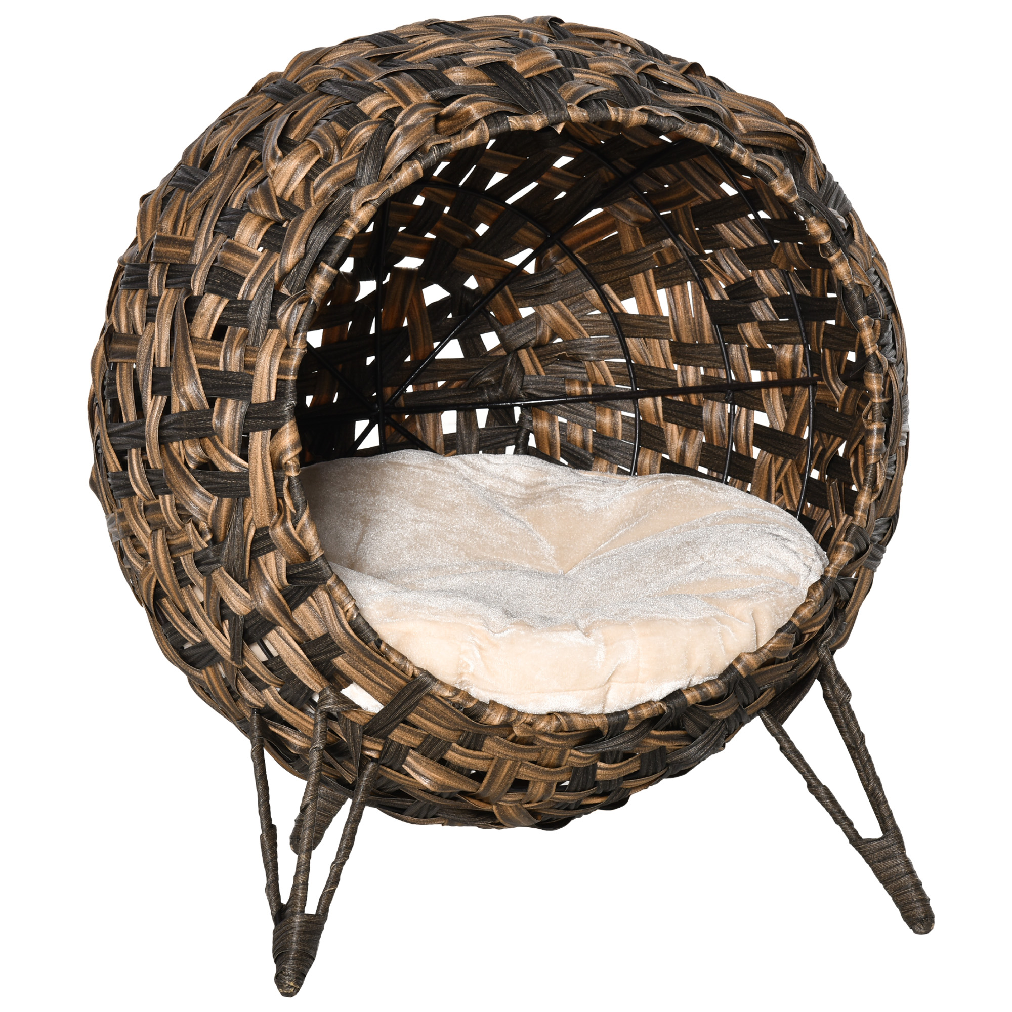 Katzenhaus aus Rattan mit Kissen Katzenschlafplatz Katzenhöhle mit erhöhten Füßen Braun Ø52 x 58 cm Katzenhaus aus Rattan mit Kissen Katzenschlafplatz Katzenhöhle mit erhöhten Füßen Braun Ø52 x 58 cm