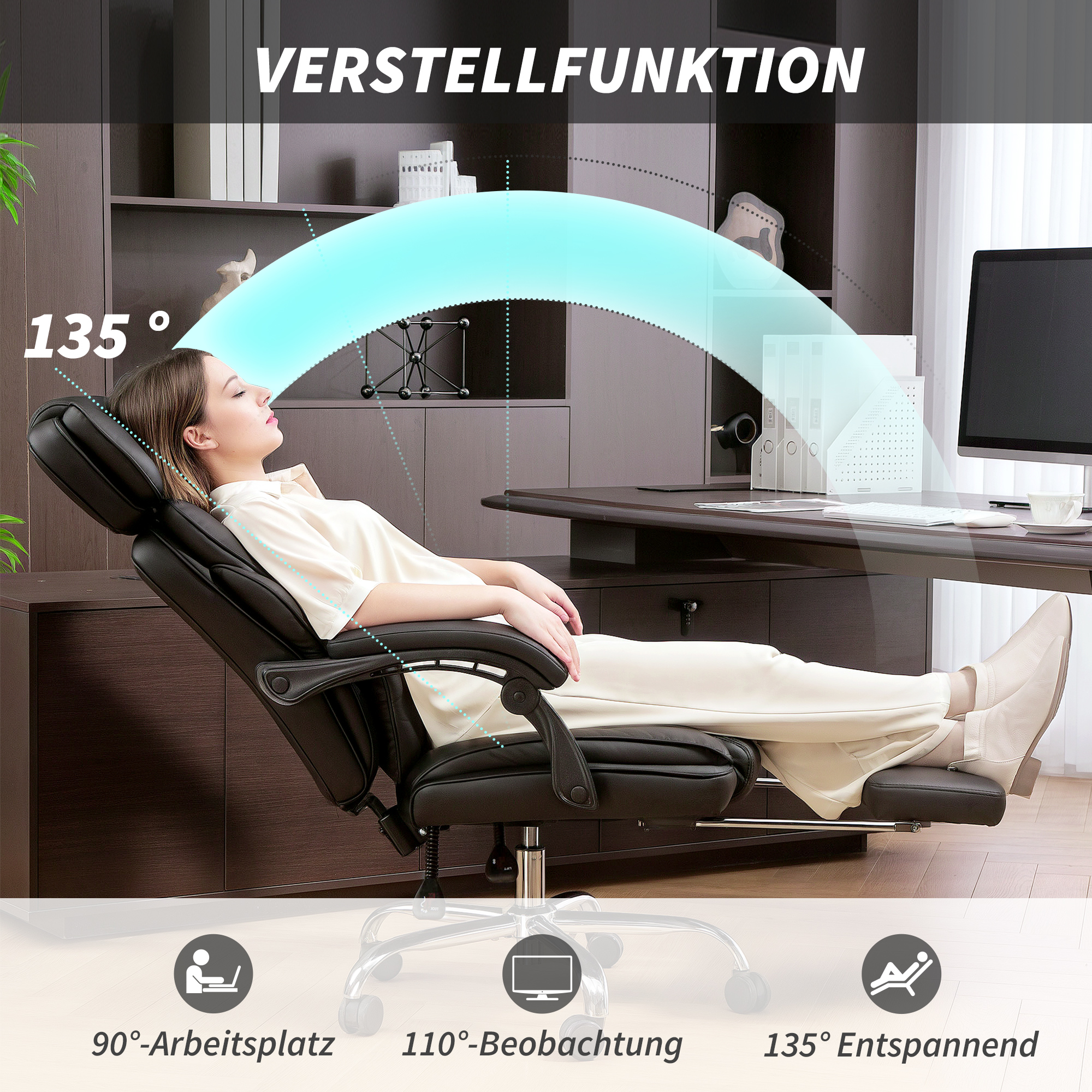 Bürostuhl Ergonomischer Höhenverstellbarer Drehstuhl mit Lendenwirbelstütze, Armlehne, Fußstütze, PU-Leder, Schwarz