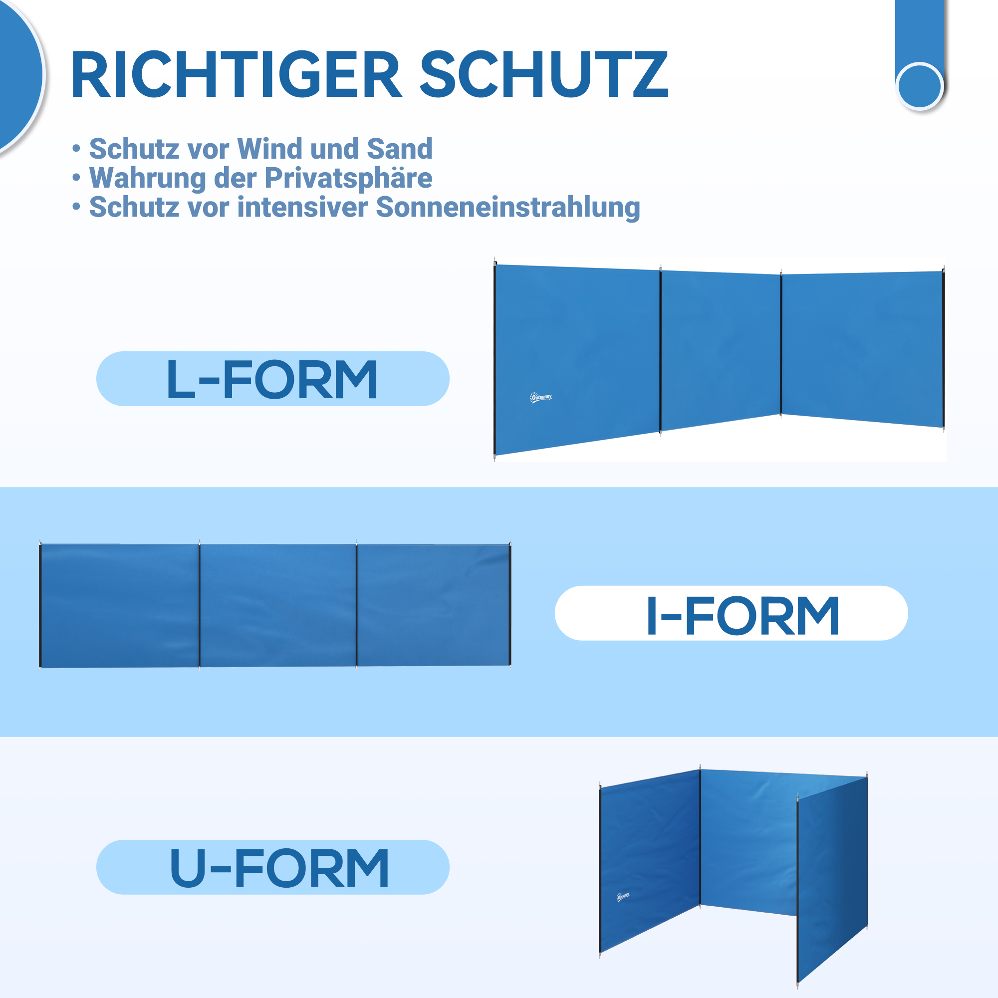 Windschutz Camping Sichtschutz mit 4 Stahlstangen Tragetasche Strandschutz für Camping Garten Strand 540 x 150 cm Blau