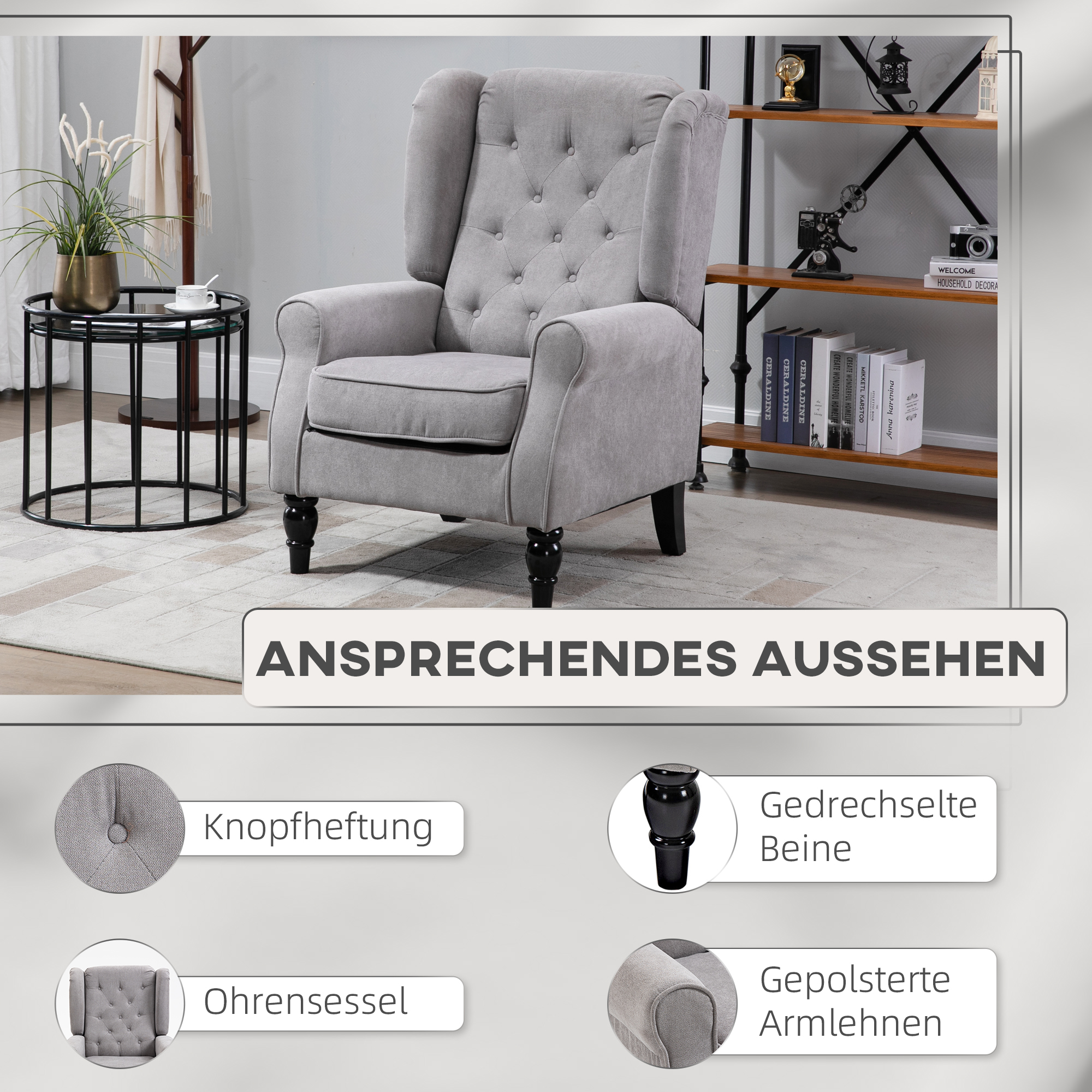 Ohrensessel Sessel mit Tufting, hoher Rückenlehne, Gepolstert Loungesessel mit abgerundeten Armlehnen, Holzbeine, für Schlafzimmer, Wohnzimmer, bis 160 kg, Grau