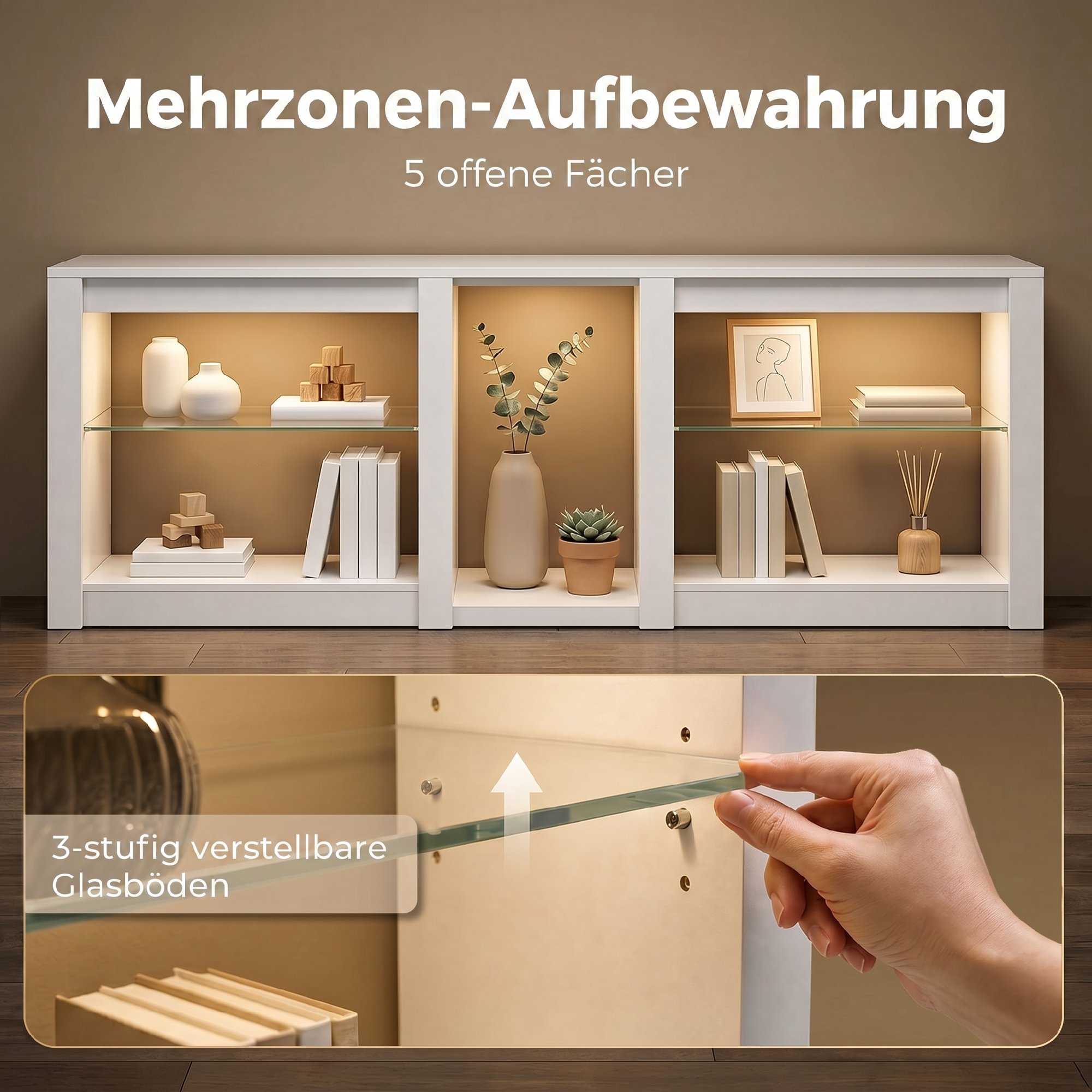 TV-Lowboard mit RGB-LED-Beleuchtung, Modernes TV-Möbel mit verstellbaren Glasböden, für Fernseher bis 75 Zoll, Weiß