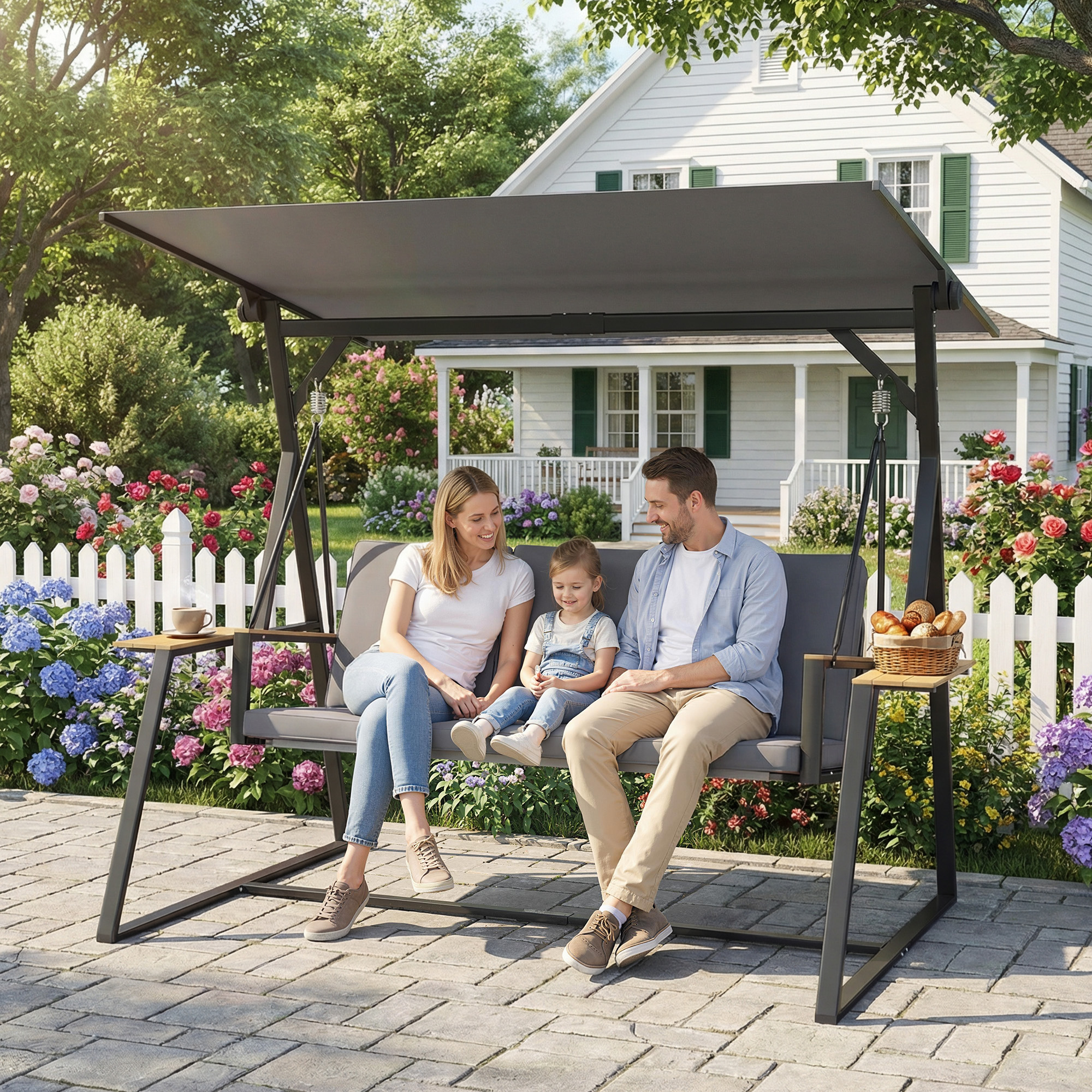 3-Sitzer Gartenschaukel mit verstellbarem Dach, Kissen und Getränkeablagen, 360 kg Tragkraft, Grau