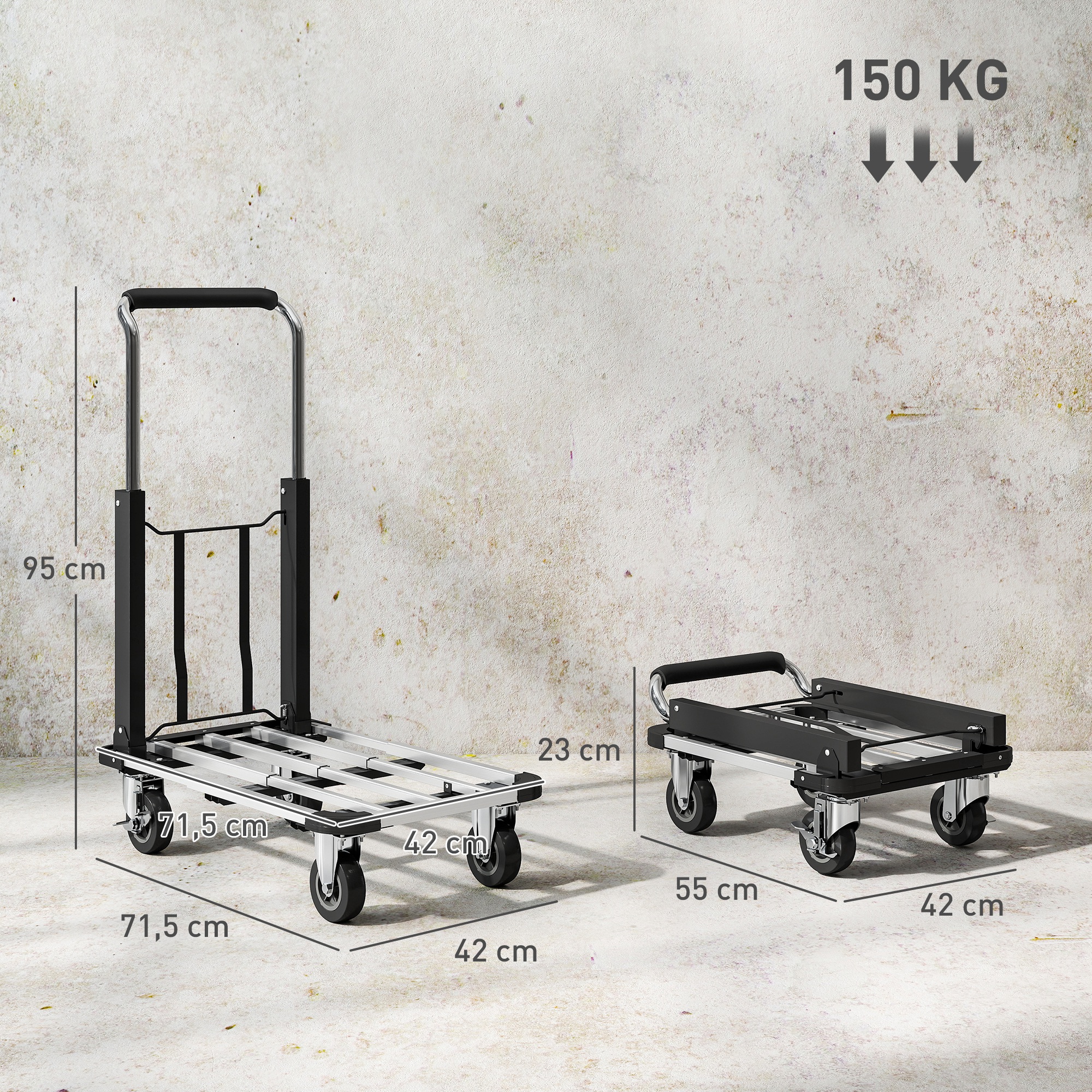 Faltbarer Handwagen, 150 kg Belastbarkeit, erweiterbare Fläche, höhenverstellbarer Griff, für Kisten, Metall, Schwarz