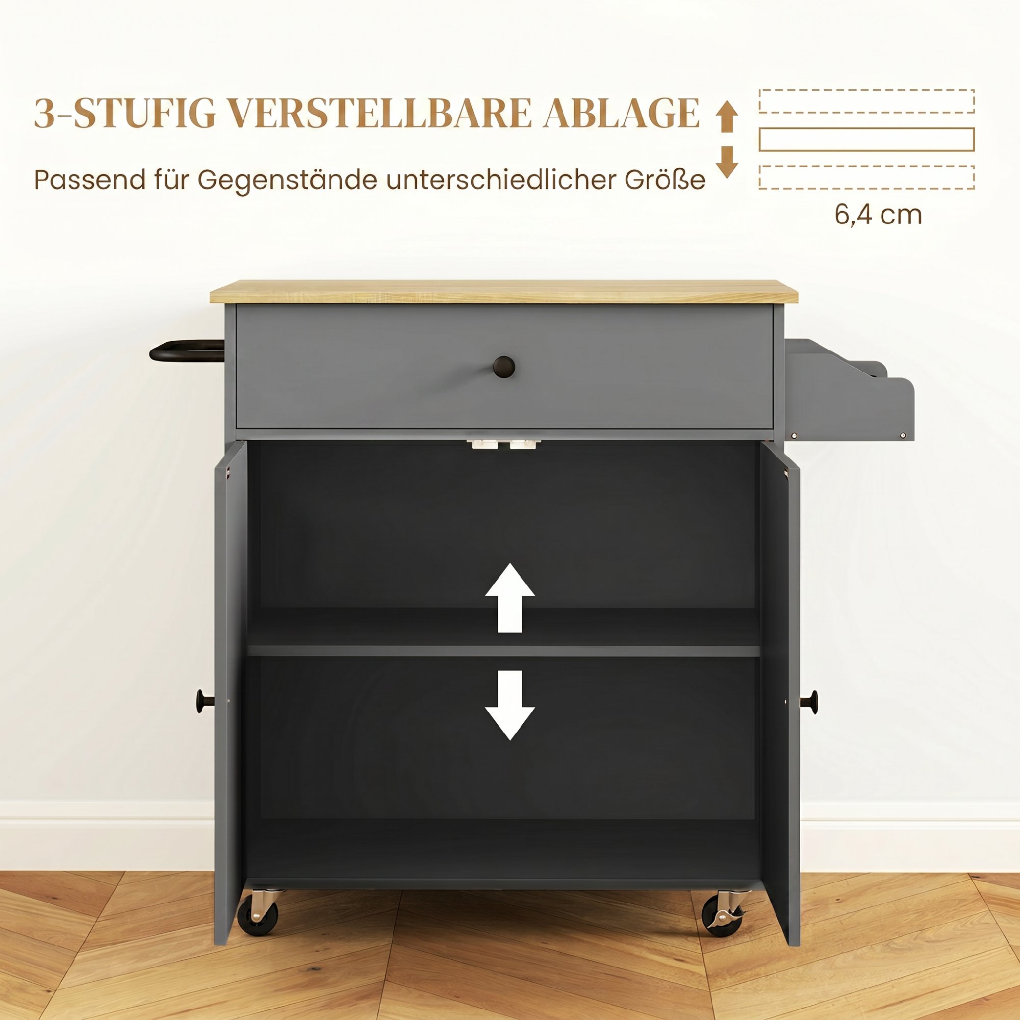 Küchenwagen mit Schublade, Schrankfach, Handtuchstange, 106 x 42 x 87 cm, Grau/Eiche