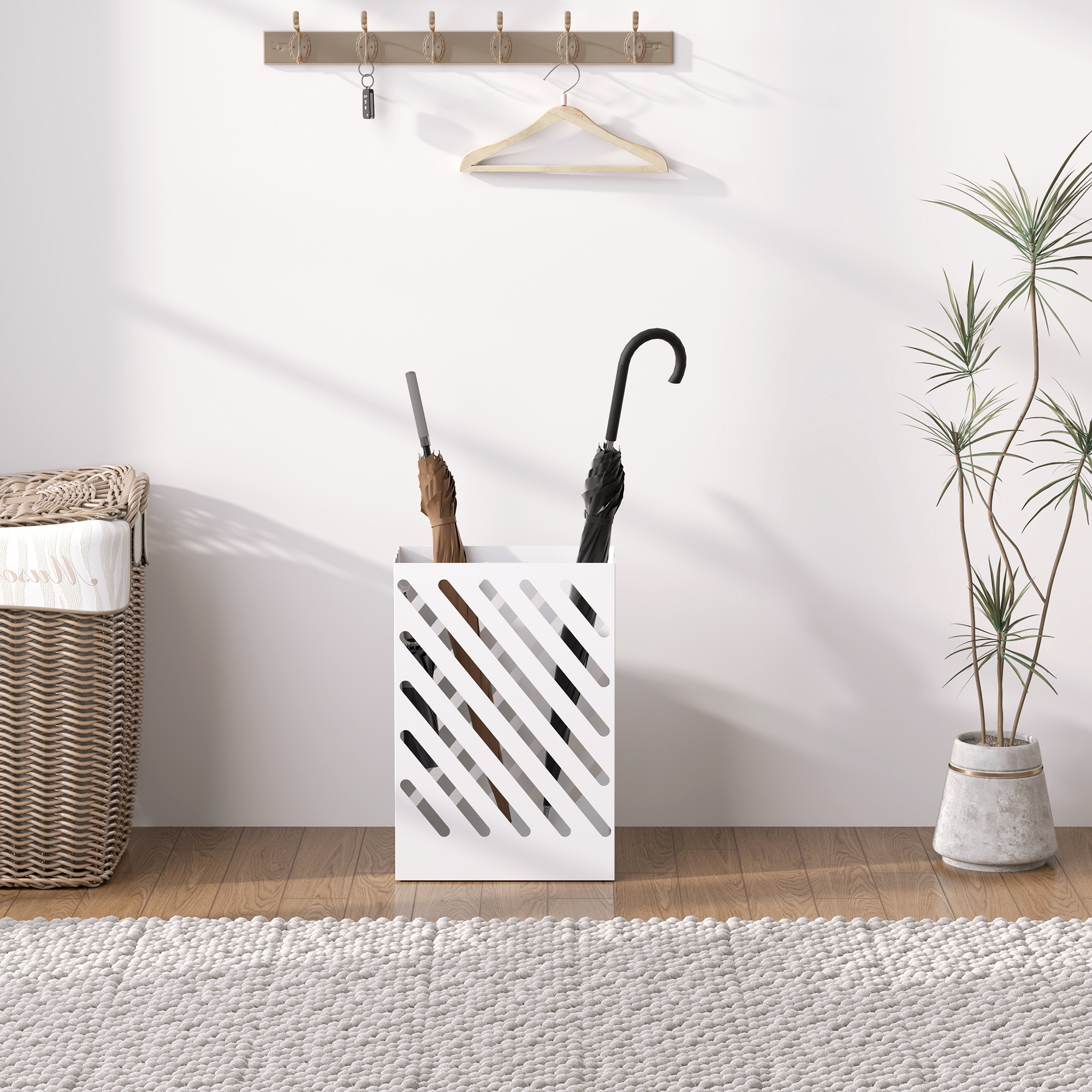 Regenschirmständer mit Tropfschale, 4 Haken, Stahl, 28L x 14B x 41H cm, Weiß