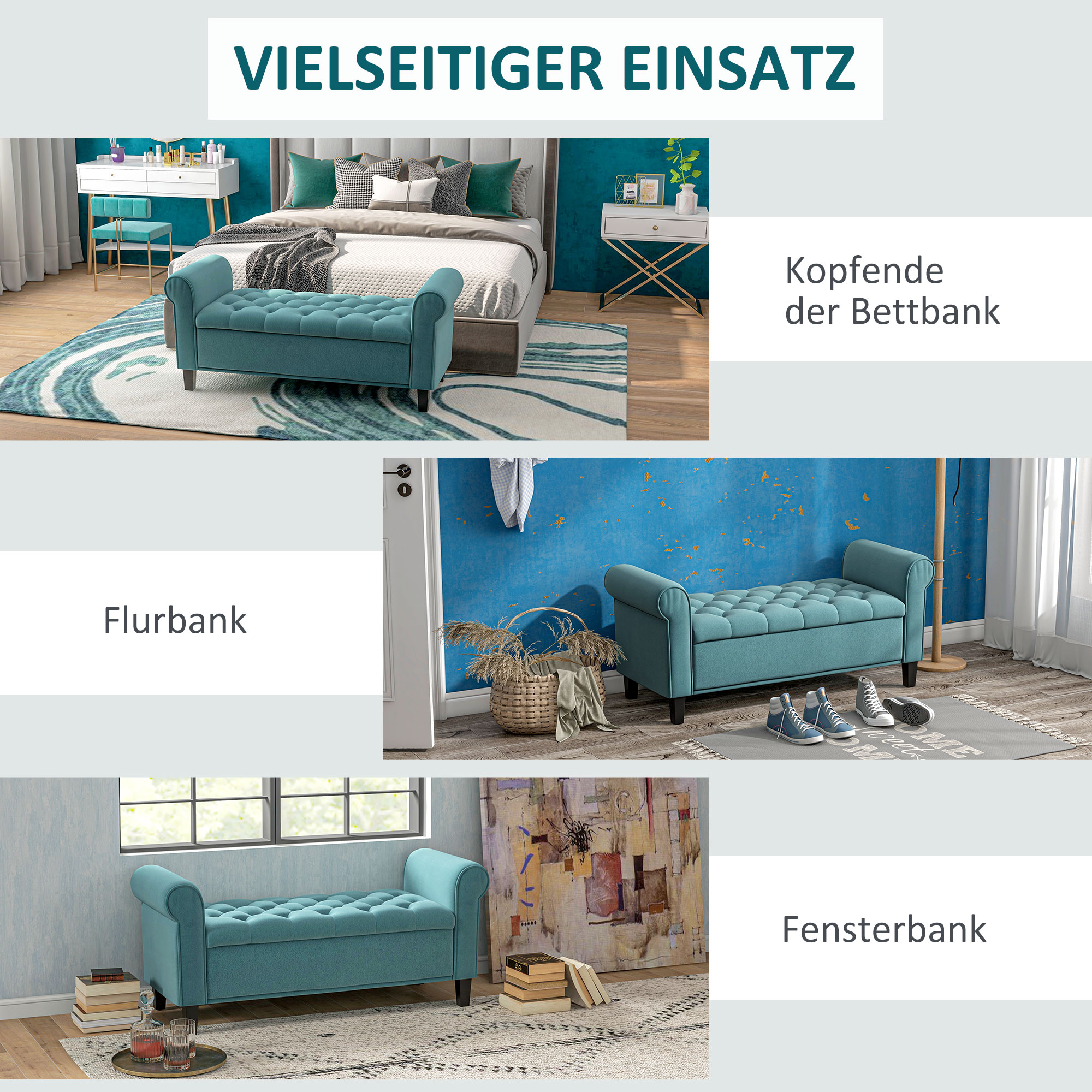 Sitzbank im Vintage-Design, Sitzbank mit Stauraum, Samtoptik, Grün