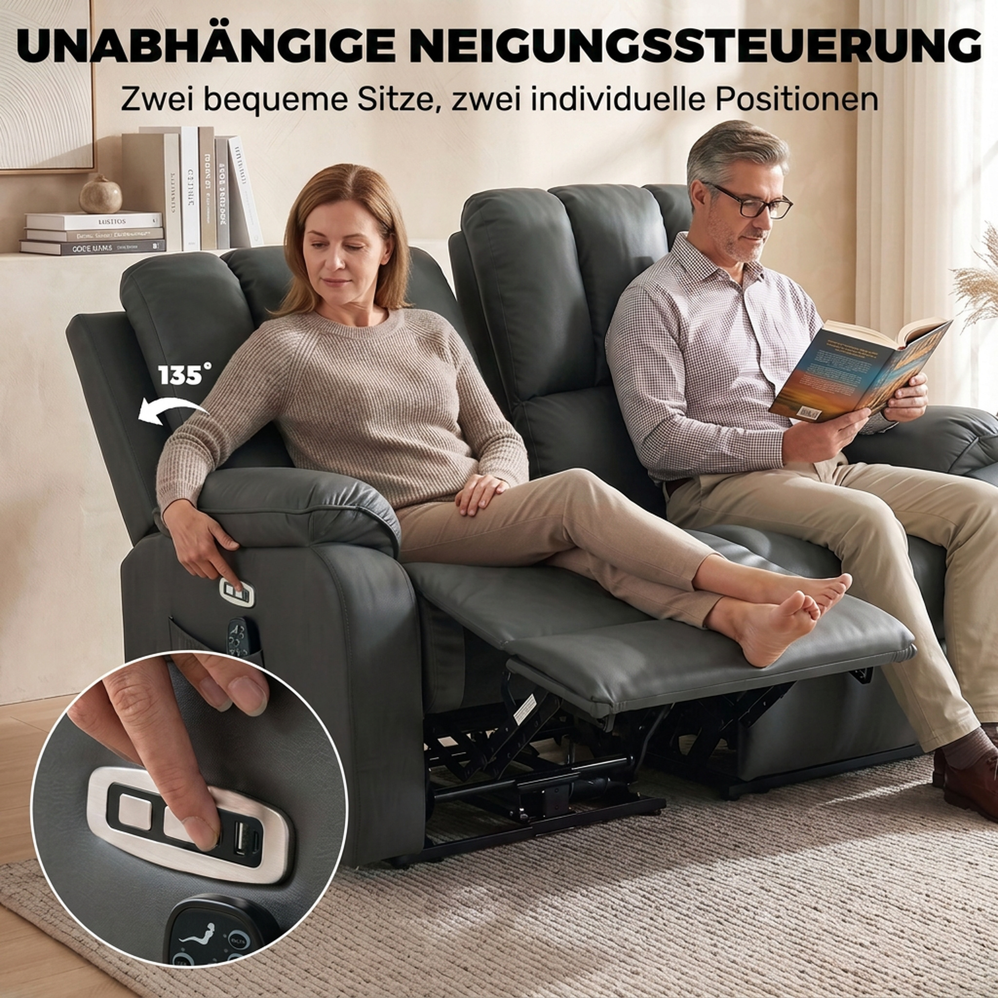 2-Sitzer elektrisches Relaxsofa aus Leathaire mit Massage- und Heizfunktion, 2 Fernbedienungen, USB-/USB-C-Anschlüssen