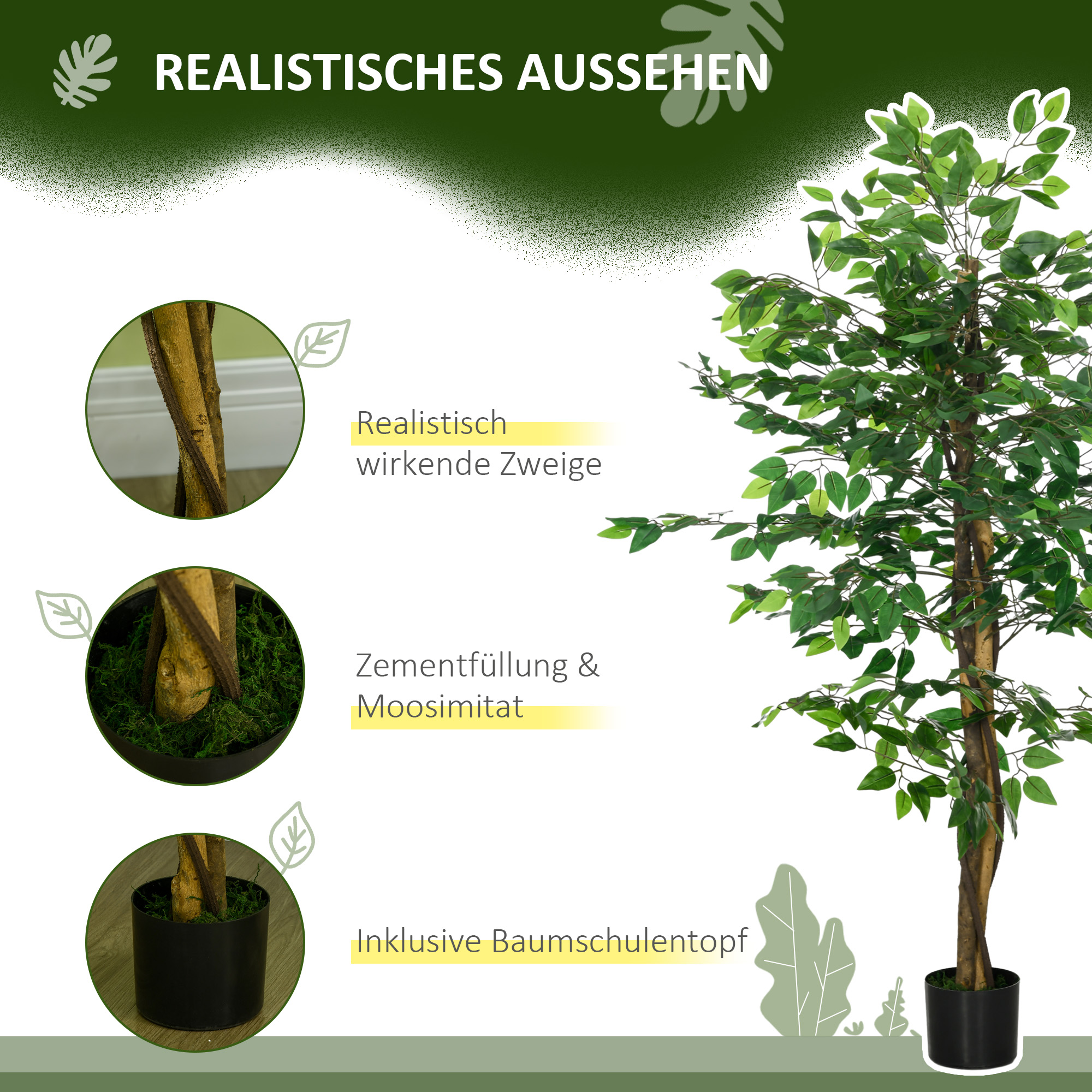 Ficusbaum Kunstpflanze, naturgetreu, 150 cm hoch, mit Topf, Grün
