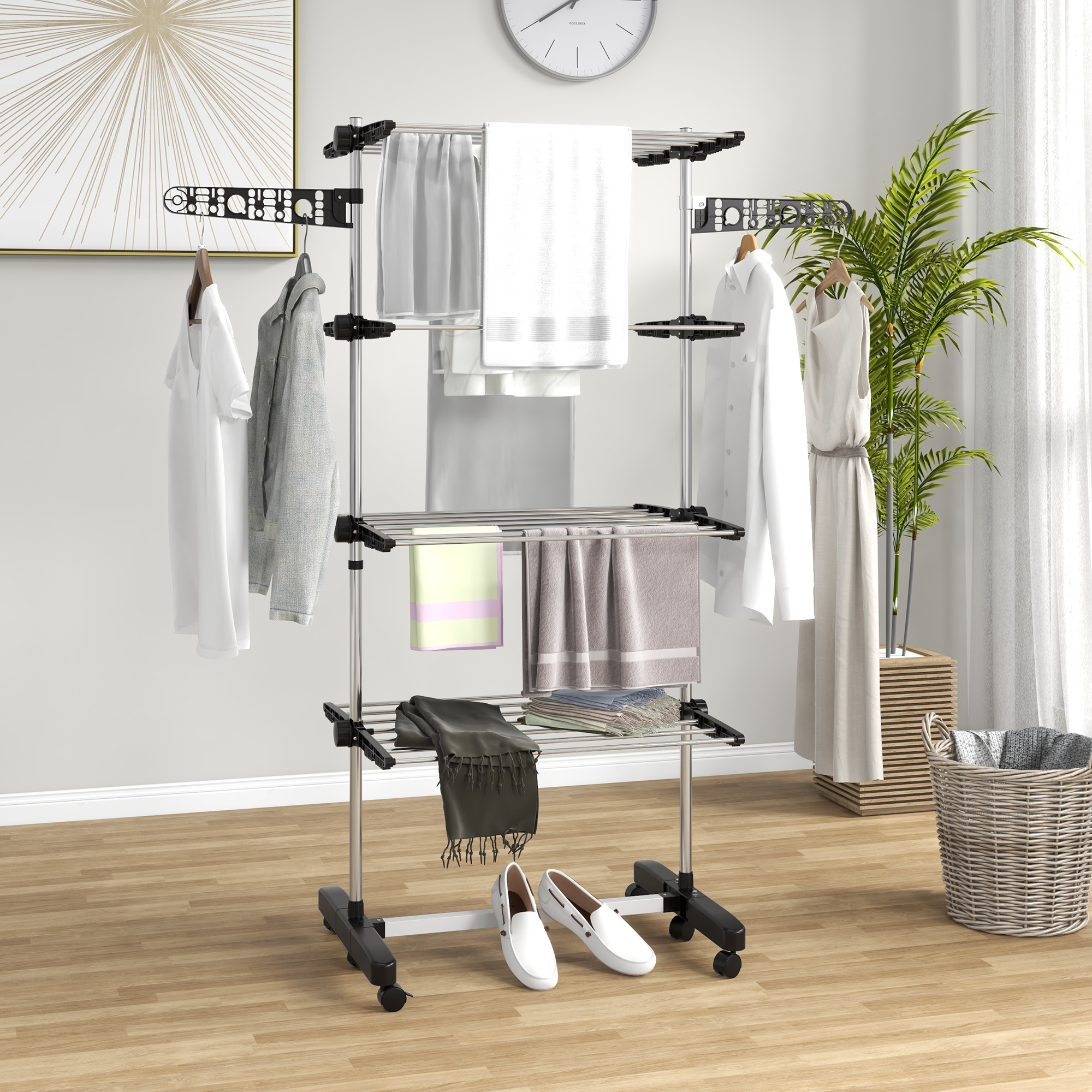 Wäschenständer Wäschetrockner 5 Ebenen, klappbar, One-Klick-System, 142 cm x 55 cm x1 72 cm, Schwarz + Silber