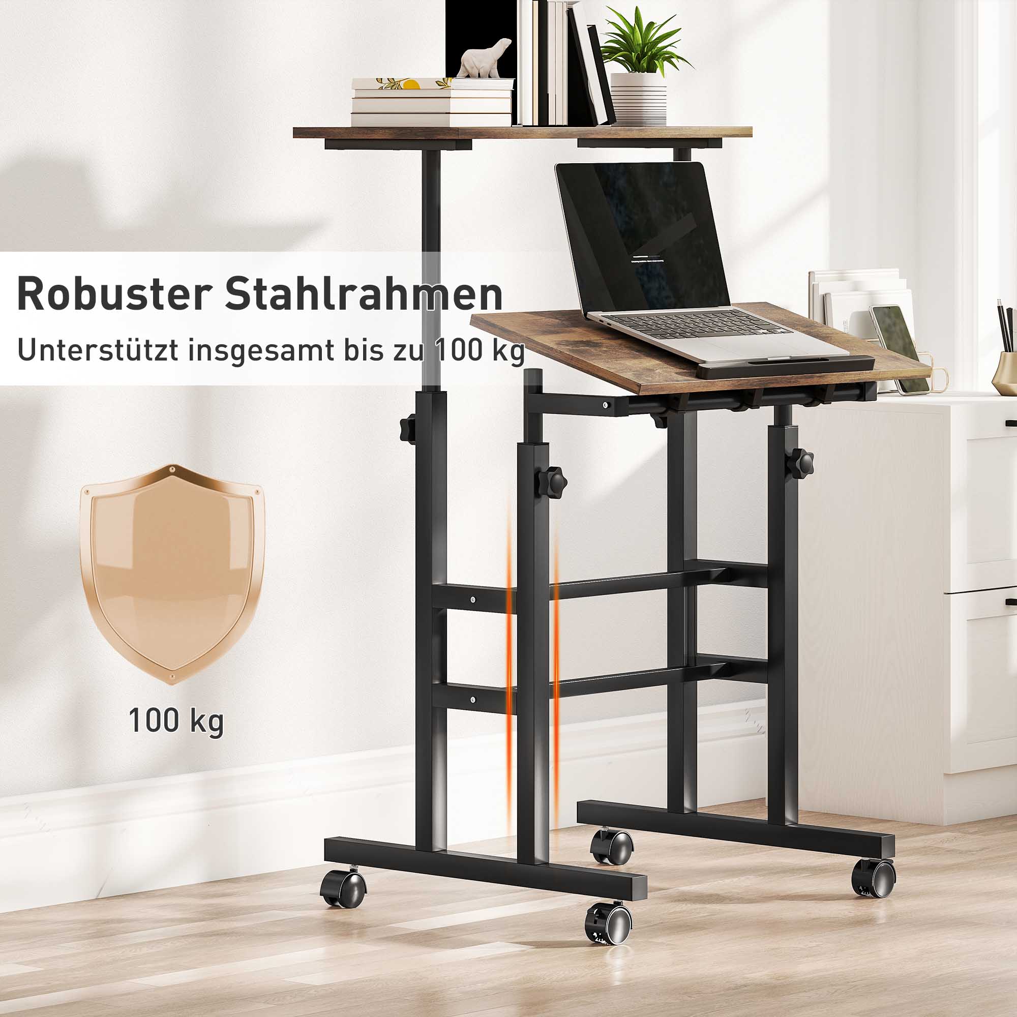 chreibtisch Höhenverstellbar Küchentisch mit Regal, Rollen, Computertisch Rustikal Braun 60 x 60 x 70,5-120 cm