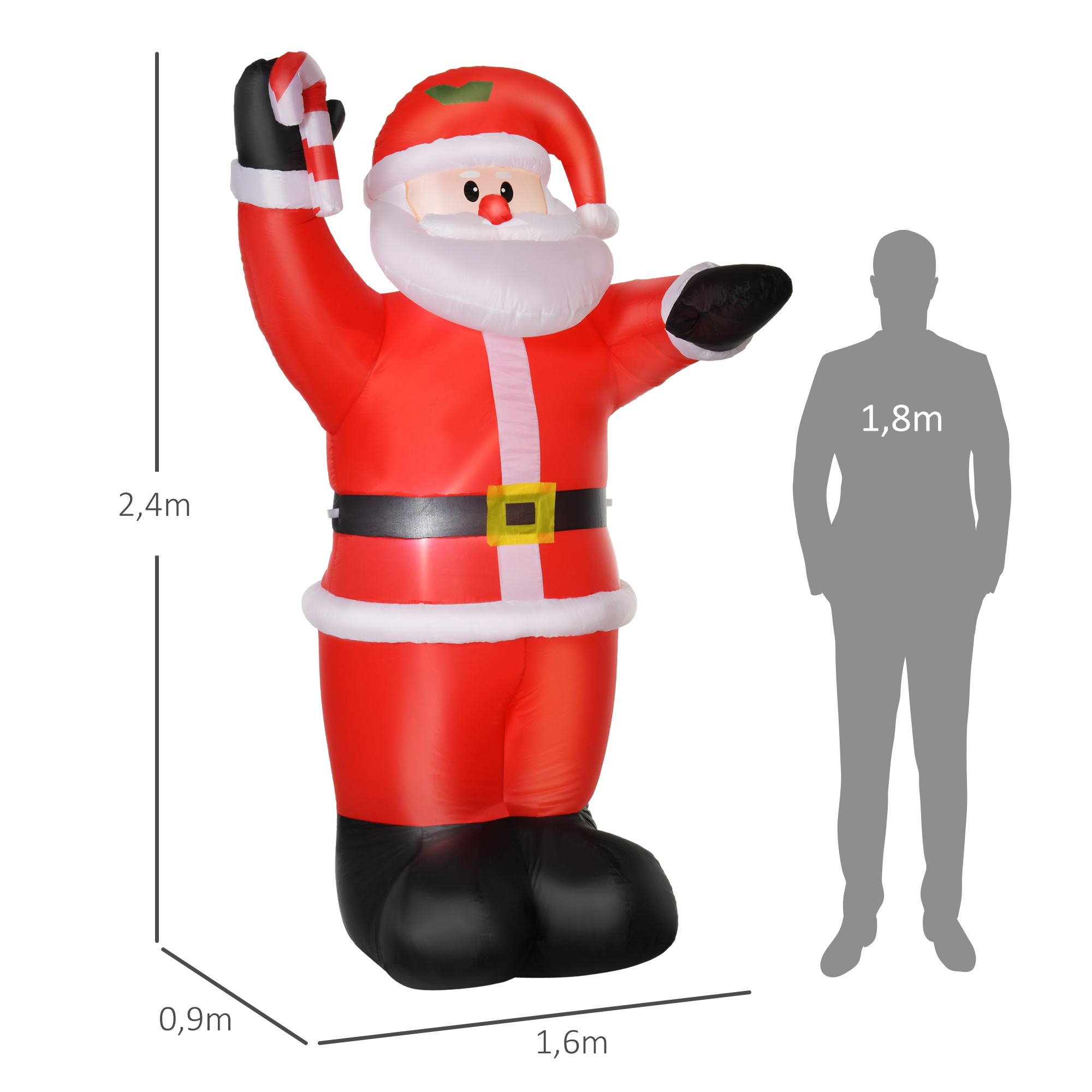 Aufblasbar Weihnachtsdeko, 2,4 m Weihnachtsmann mit LED-Beleuchtung, Zuckerstange
