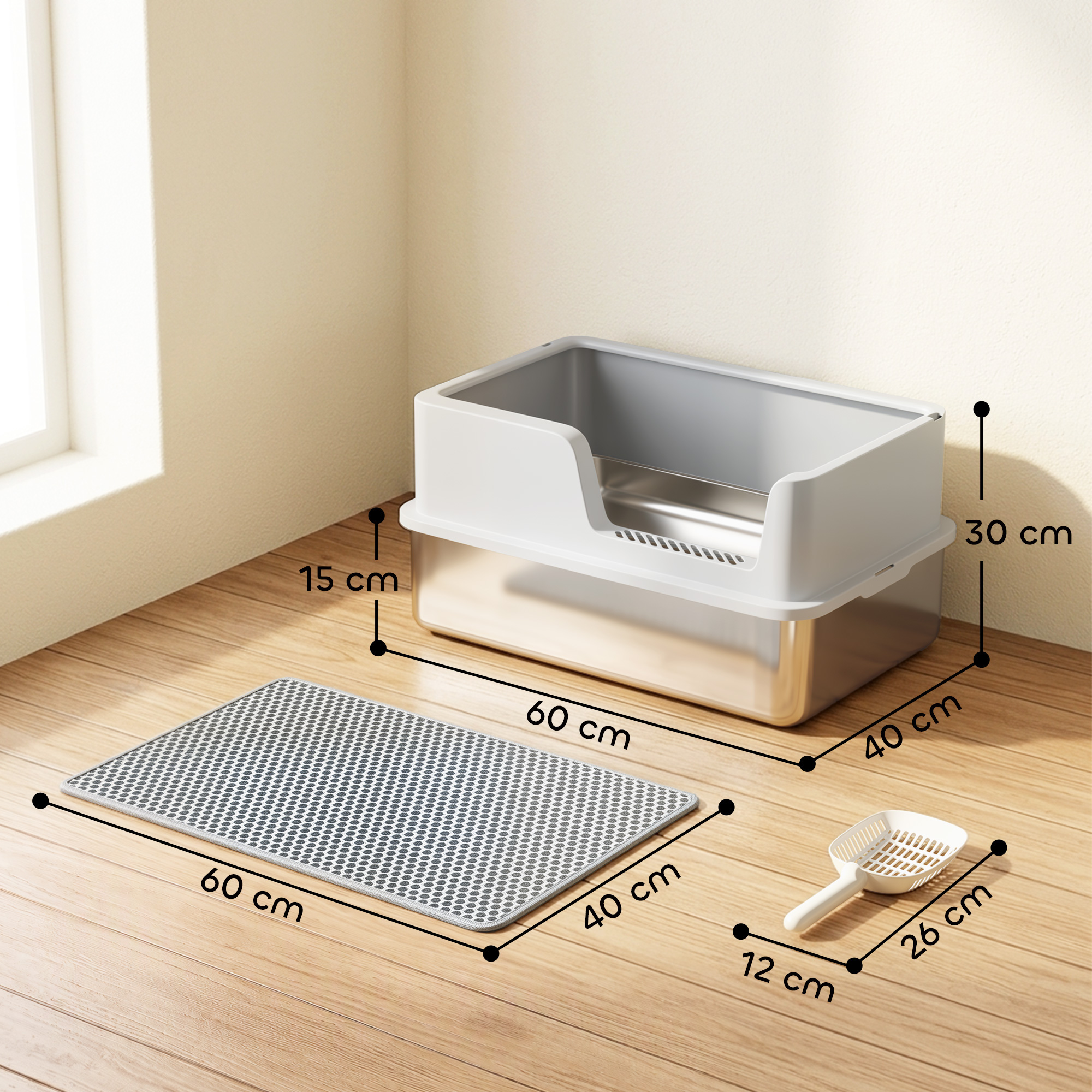 Katzentoilette XL Edelstahl mit Deckel, hohe Seitenwände, Schaufel Bürste Matte für Kätzchen bis 8 kg Hellgrau