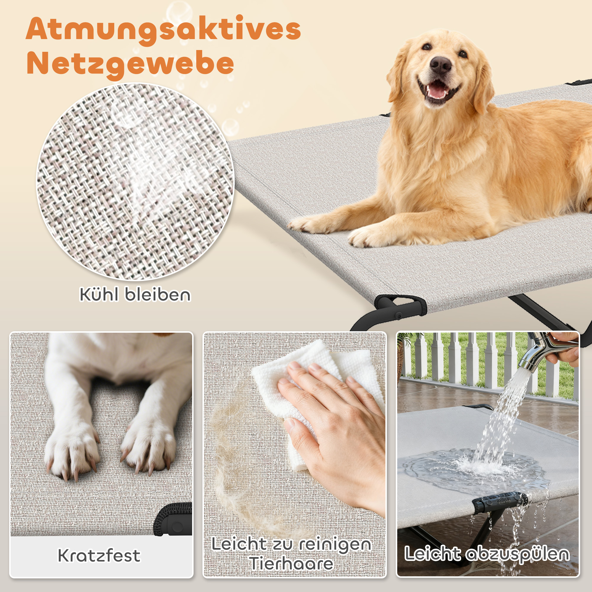 Hundeliege Outdoor, erhöhtes Hundebett für große Hunde, mit Stahlrahmen, atmungsaktiv Netzgewebe, 152x94x23 cm, Beige