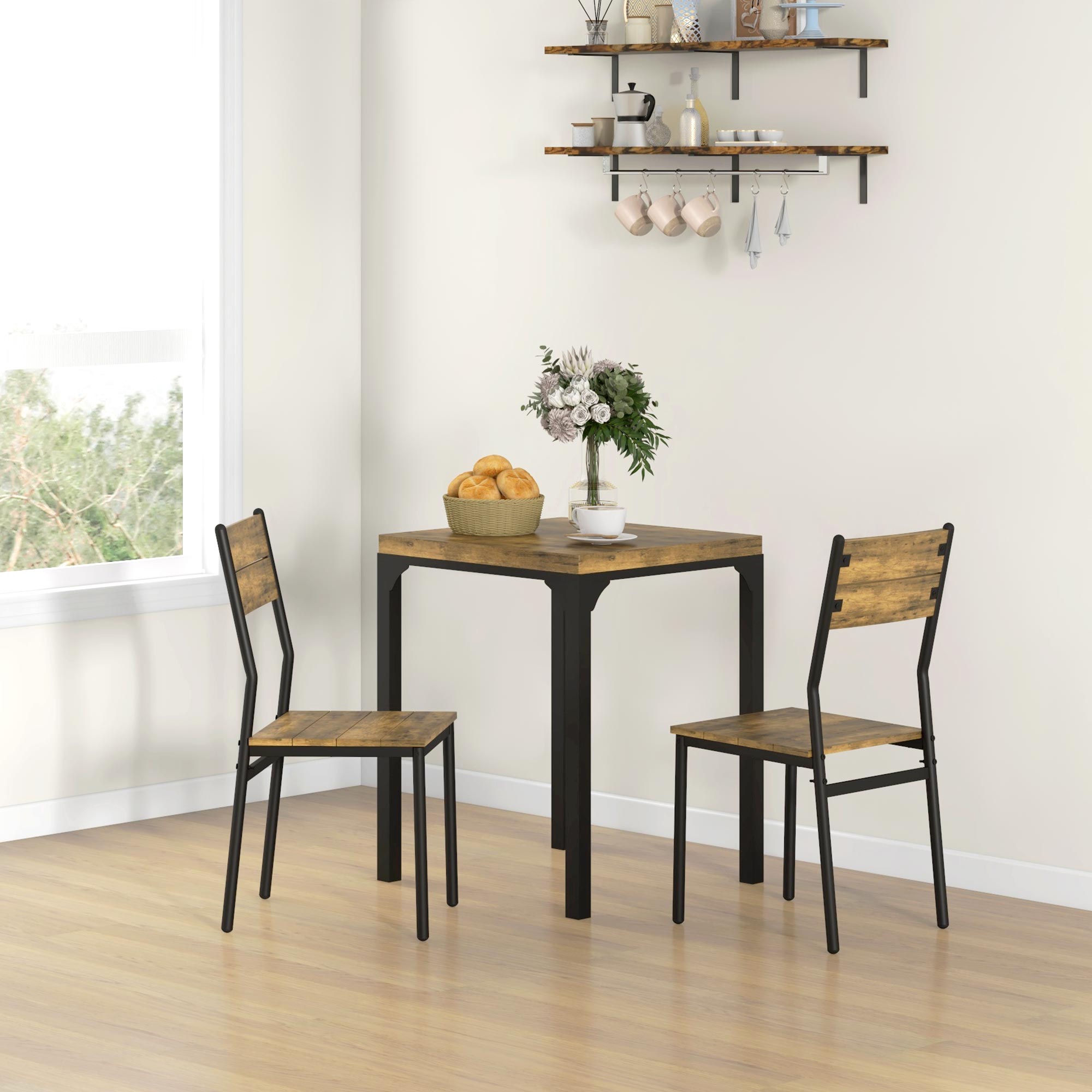 3-teilige Essgruppe, Esstisch-Set, 1 Tisch, 2 Stühle, MDF+Metall, Braun