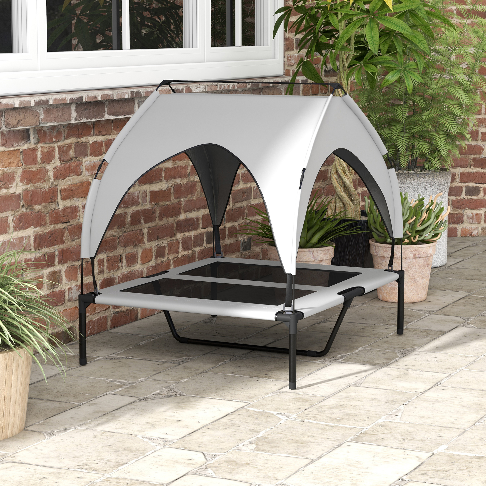 Hundebett mit Dach, atmungsaktiv, wasserabweisend, bis 30 kg, 91 x 76 x 89 cm, Hellgrau