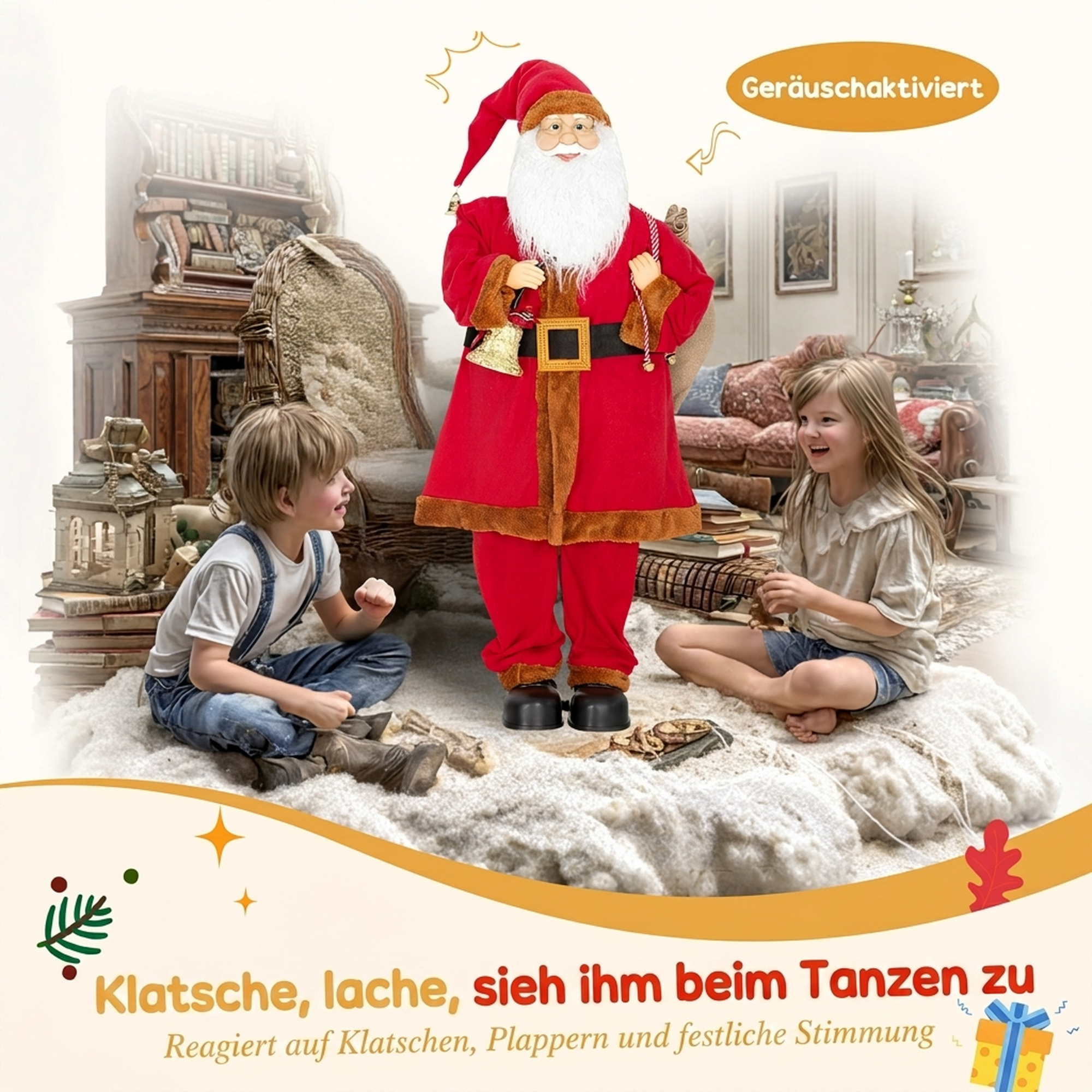 Weihnachtsmann 120 cm Nikolaus Figur mit Beweglichem Kopf und Armen, Glocke und Sack, Geräusch- und Berührungssensor