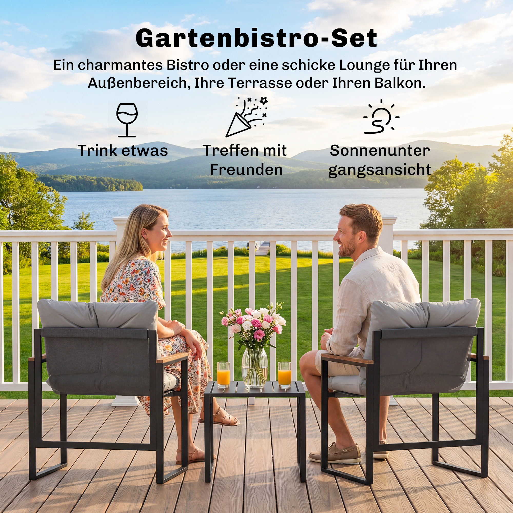 Bistro-Set für 2 Personen, 3-teiliges Garten-Bistro-Set mit Metallrahmen und dicken Polstern