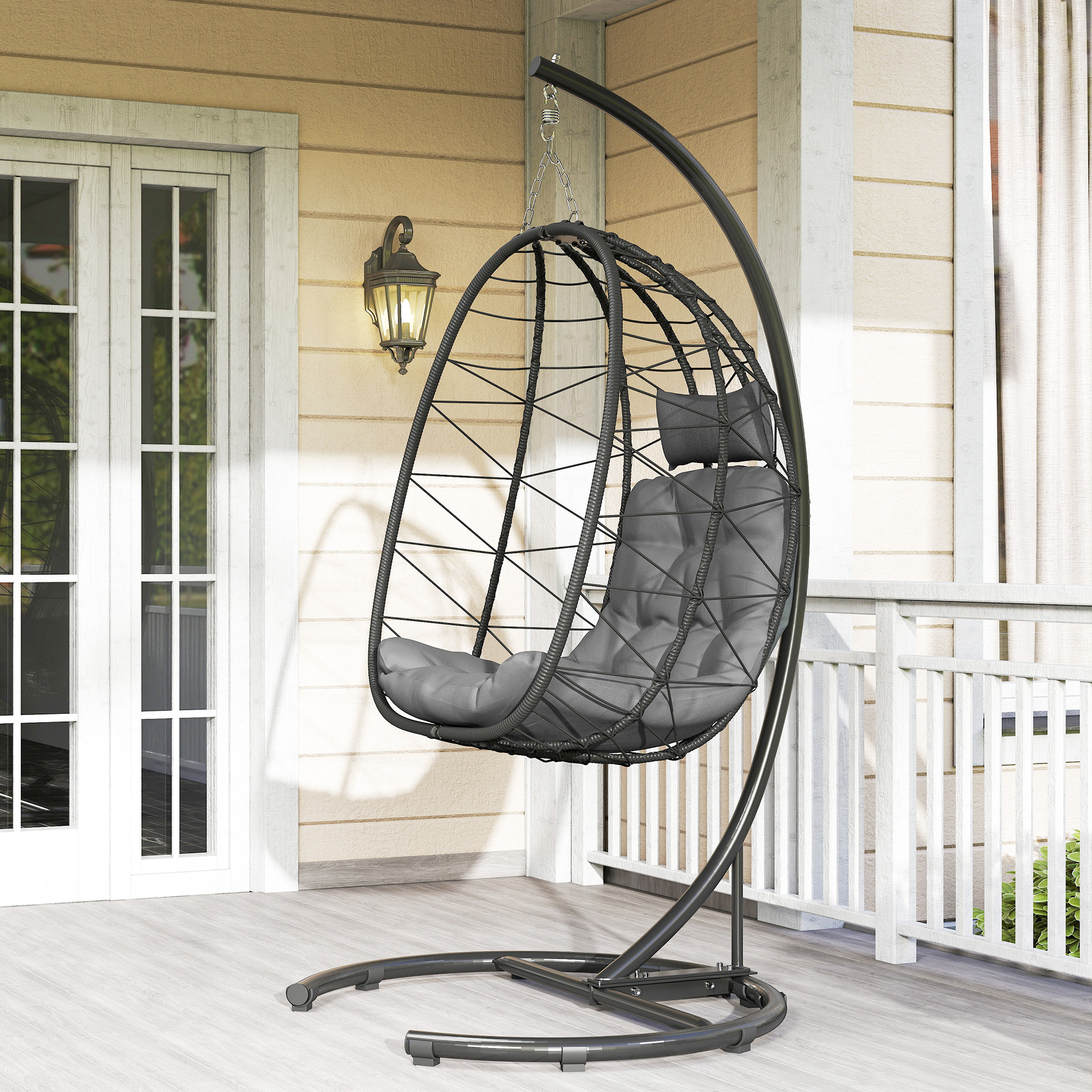 Hängesessel Outdoor Hängesessel Egg Chair, wetterbeständig, inkl. Polster, 102 cm x 102 cm x 195 cm, Dunkelgrau