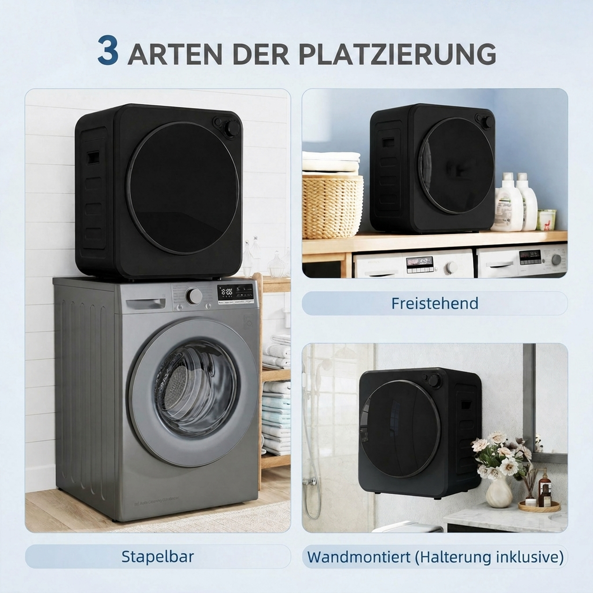 Mini Wäschetrockner 4 kg mit 5 Programme bis zu 60℃ 800W/400W Ablufttrockner mit Edelstahltrommel Schwarz