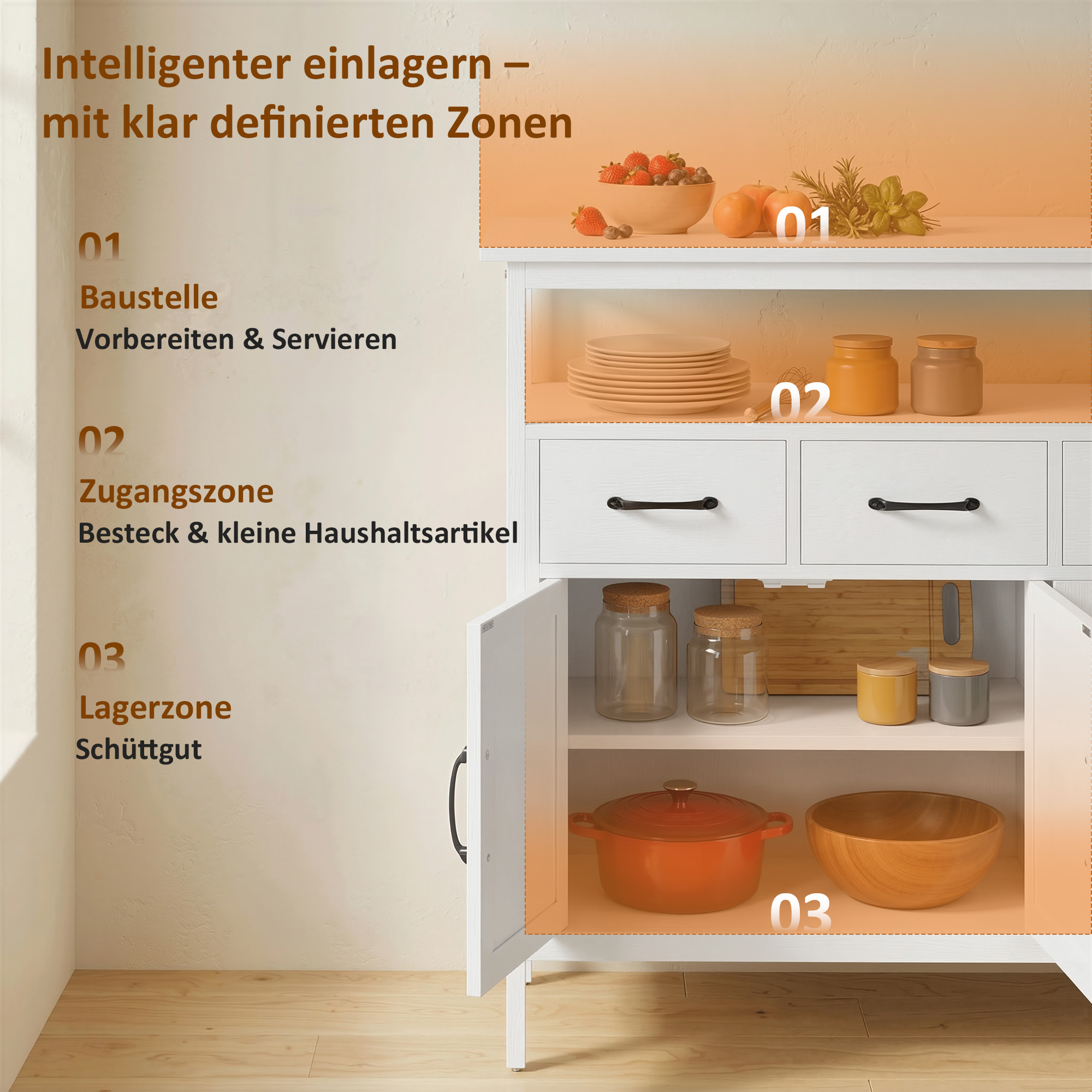 Sideboard mit verstellbaren Einlegeböden, Buffet-Schrank mit 3 Schubladen, 3 Türen , 95 cm, Weiß